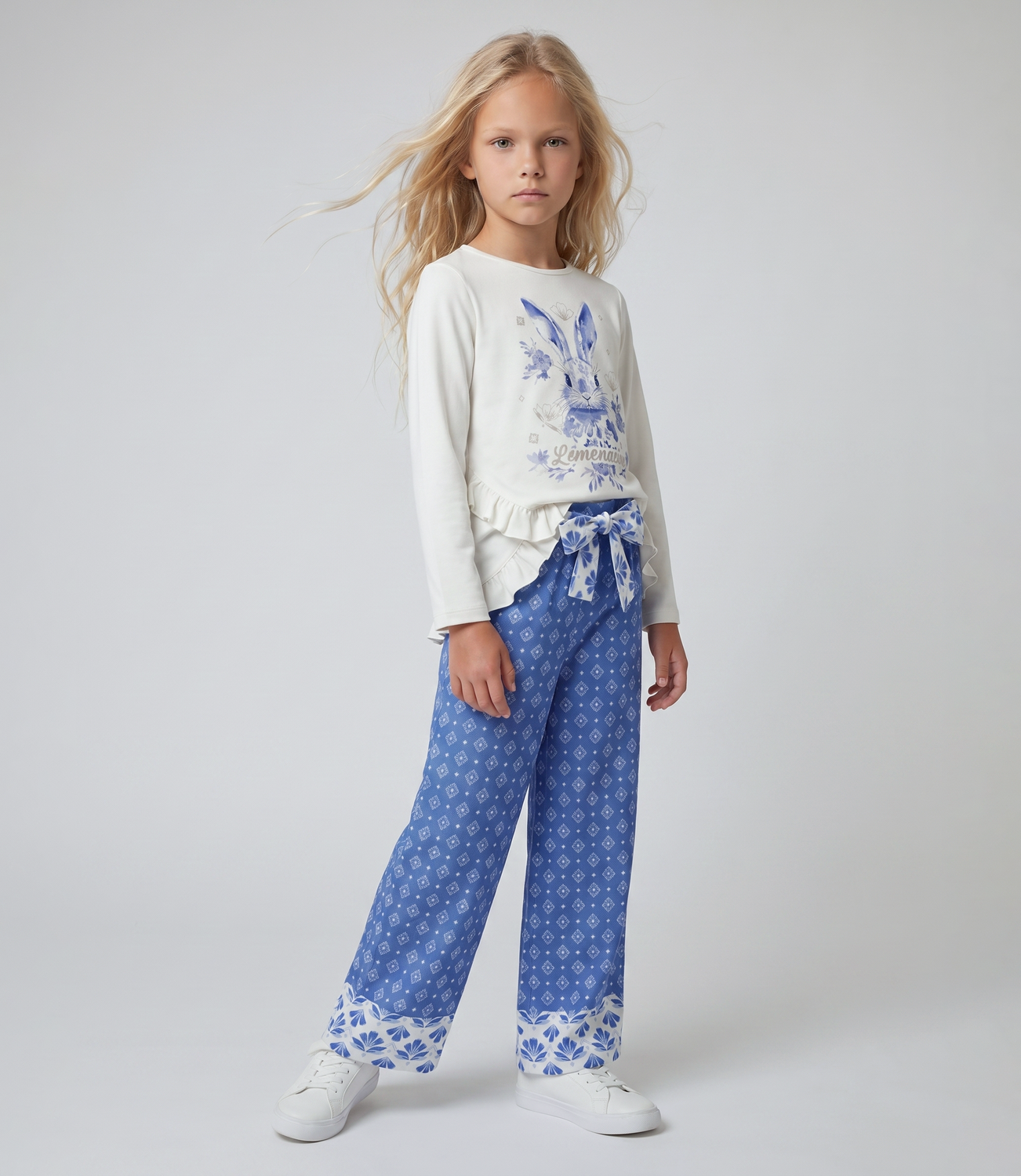 Pantalón niña de lino boho L11121270358 azul Limonada-0