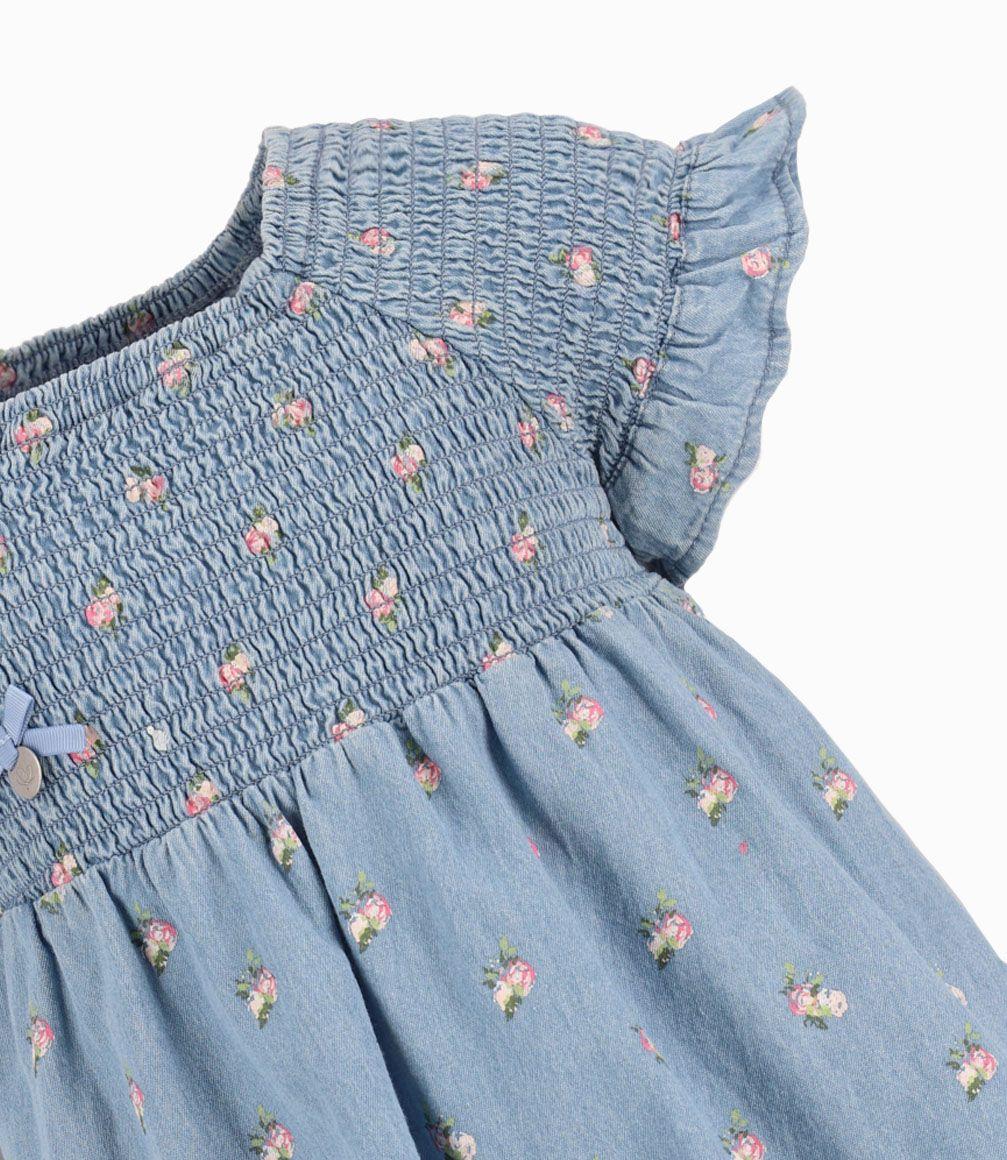 Vestido Fruncido Bebé Niña Denim Celeste Limonada-1