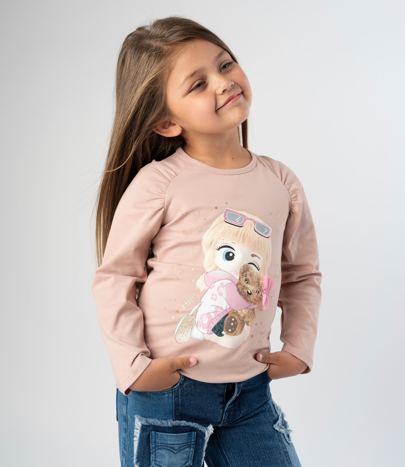 Polera manga larga niña con estampado beige Limonada-0