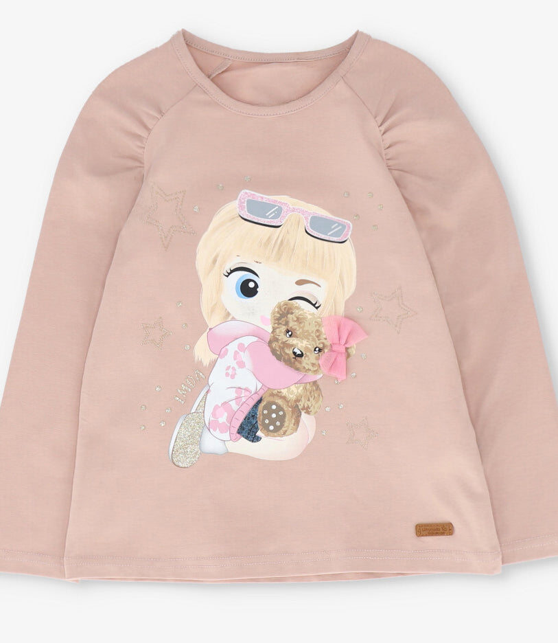 Polera manga larga niña con estampado beige Limonada-3