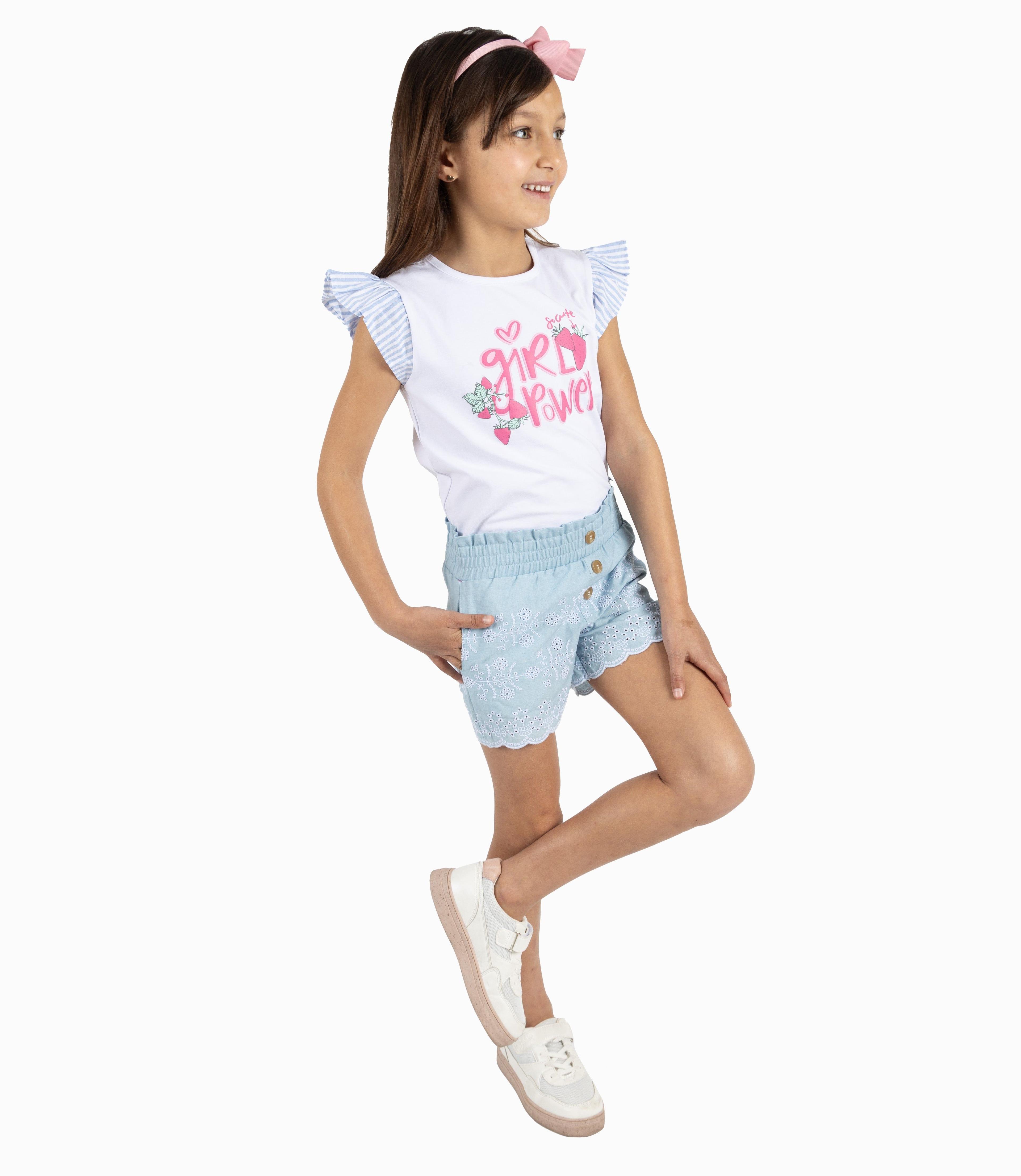 Short Niña Flores Bordadas Celeste-2