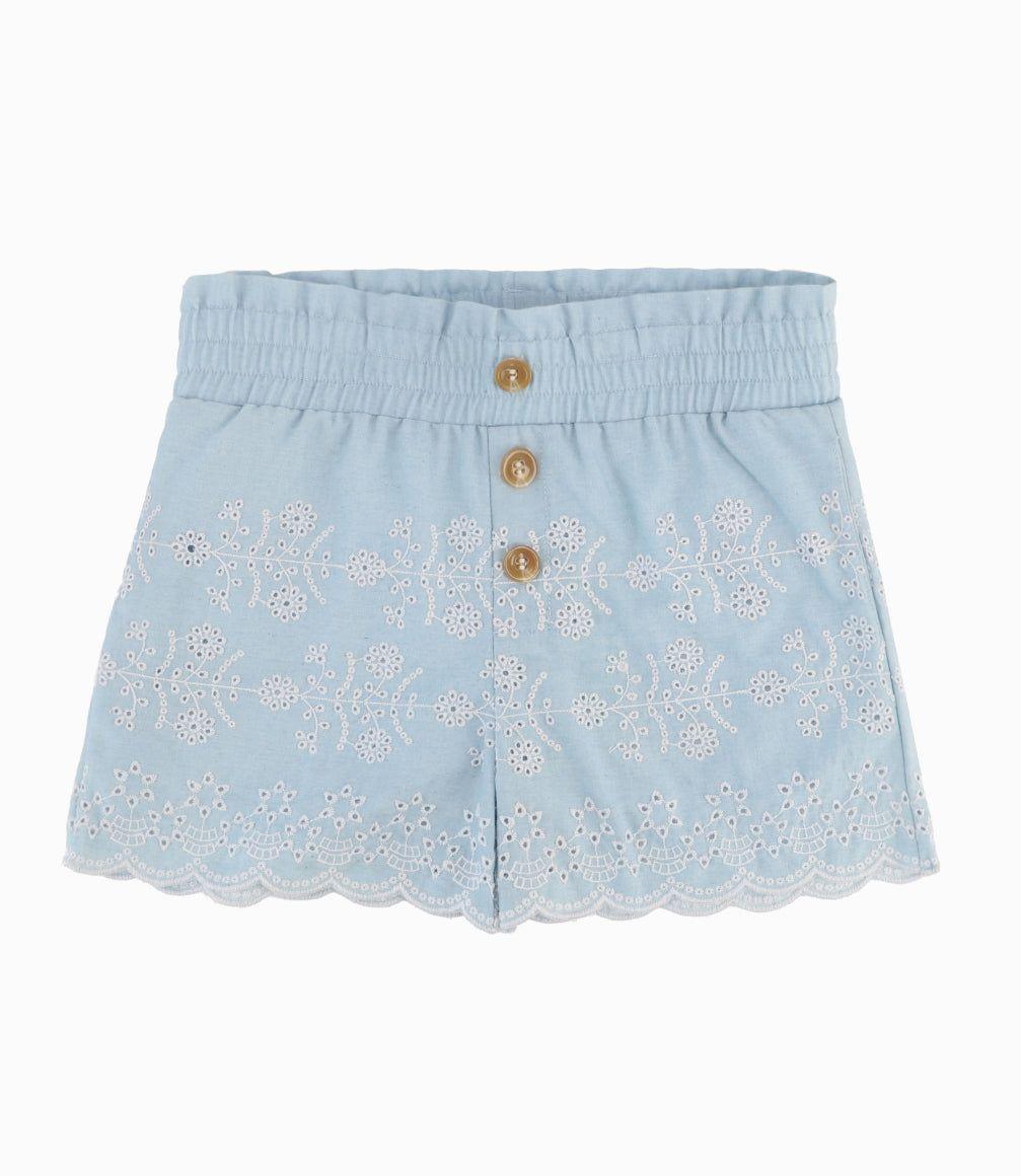 Short Niña Flores Bordadas Celeste-3