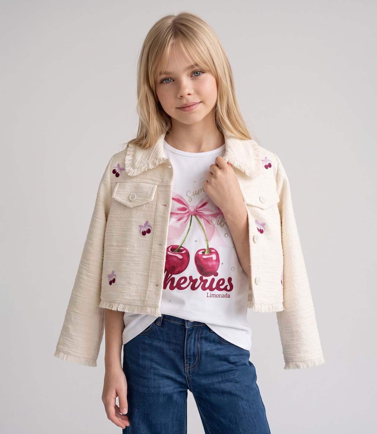 Chaqueta niña bordada con cherry L11071270503 crudo Limonada-0