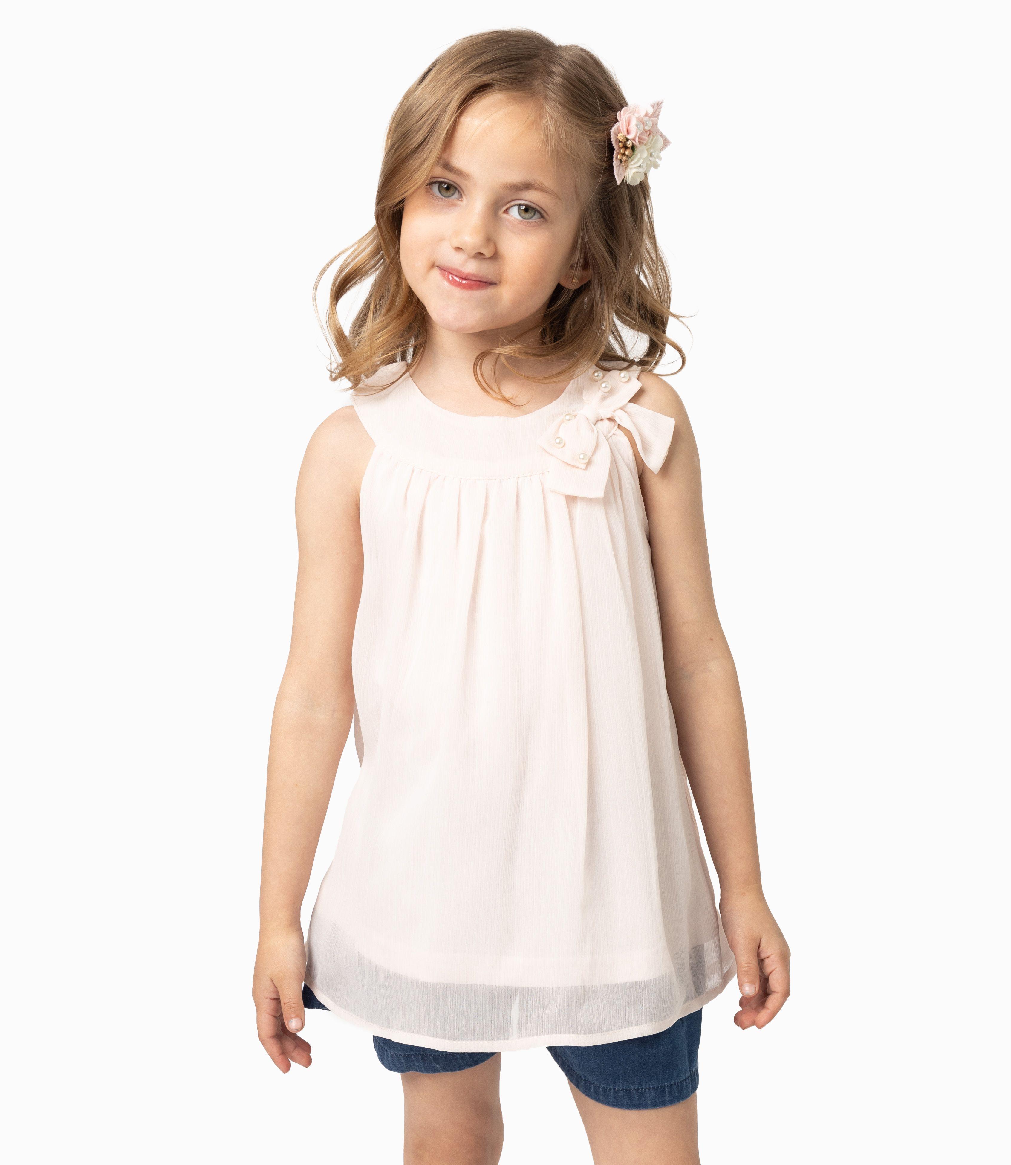 Polera Niña Con Lazo Y Perlas Palo Rosa-0