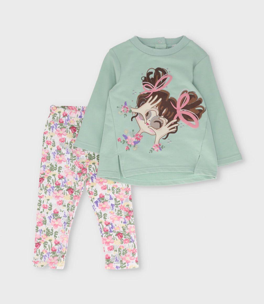 Conjunto bebé con estampado y flores verde Limonada-0