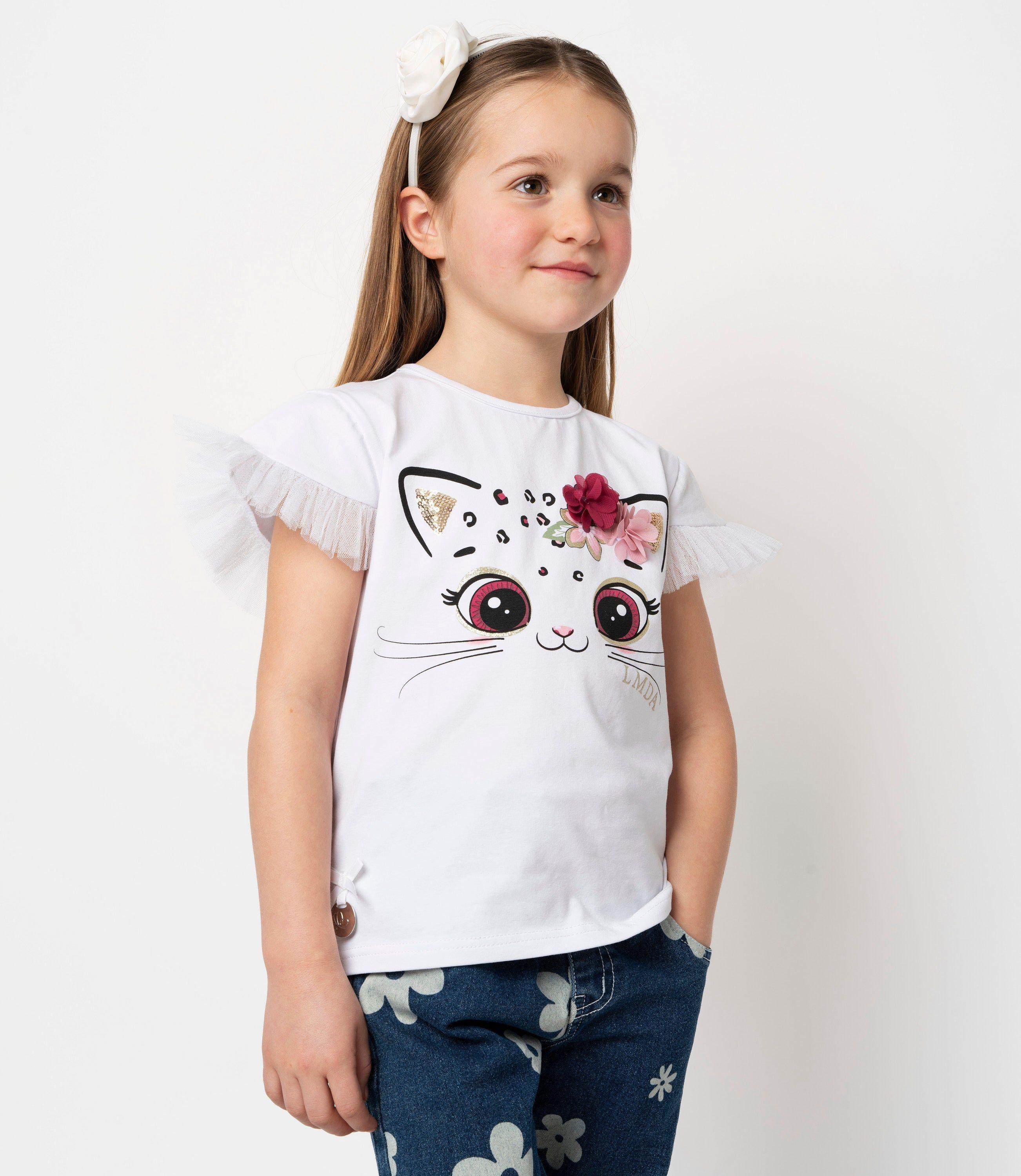 Polera manga corta niña con vuelos de tul blanco Limonada-0