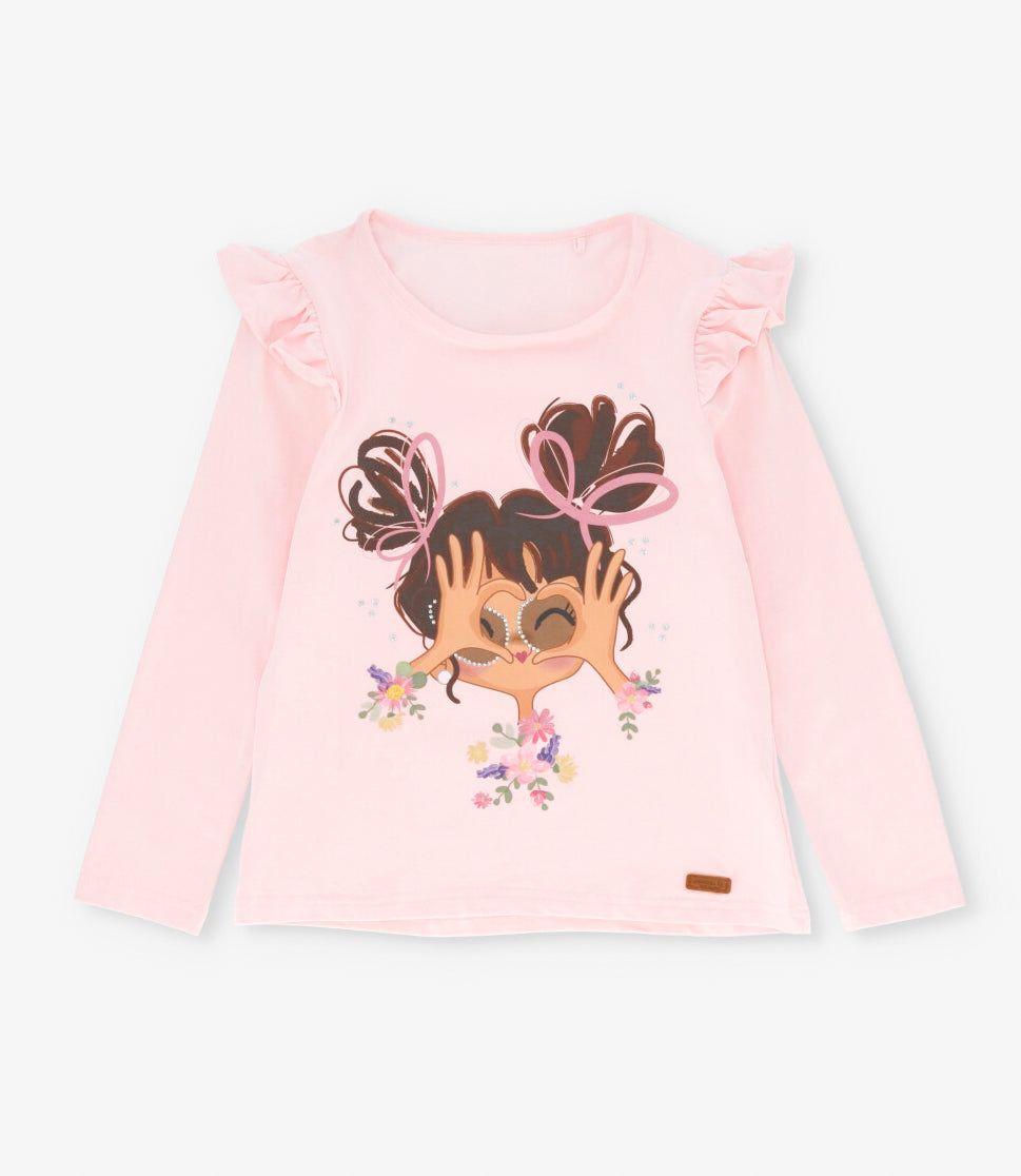 Polera manga larga niña con vuelos rosado Limonada-1