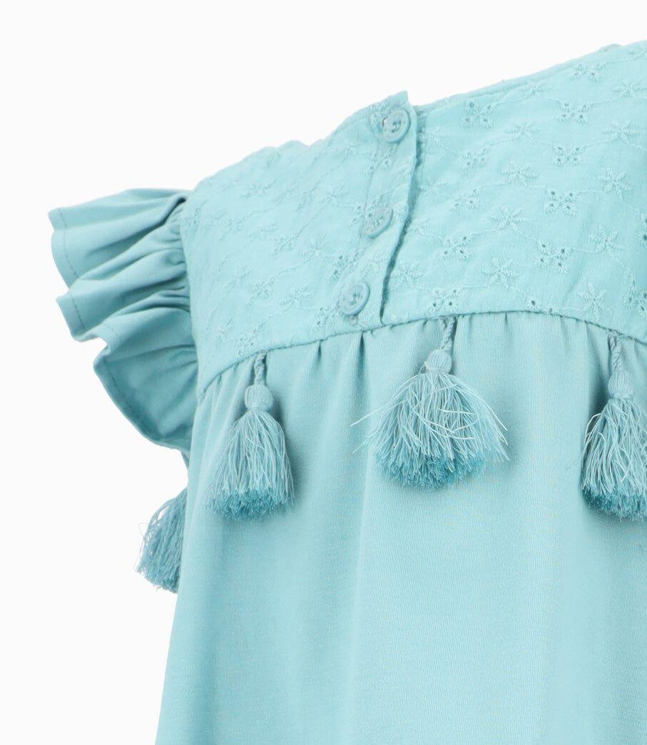 Polera manga corta niña con vuelos turquesa Limonada-2
