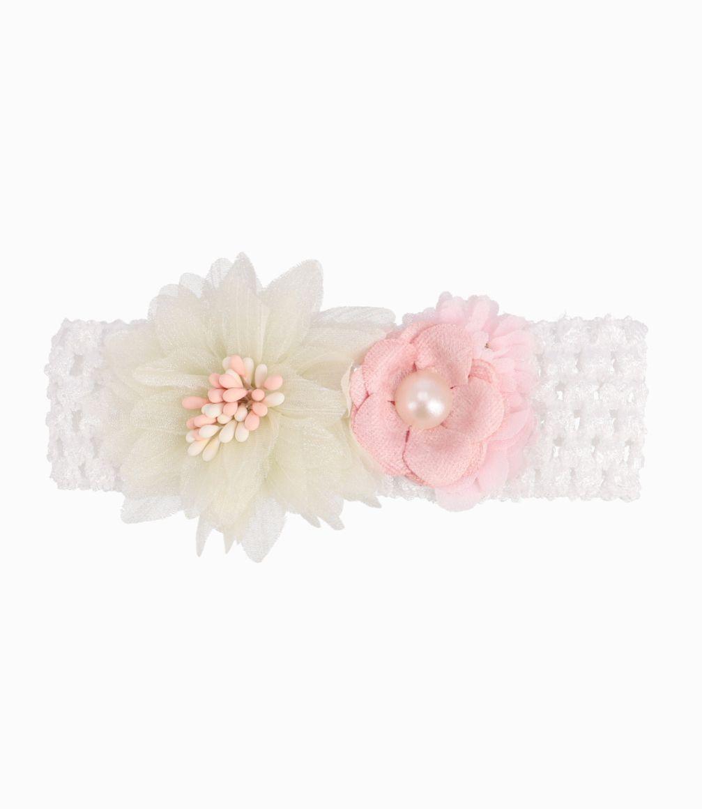 Cintillo Recién Nacida Con Flores Y Perlas Limonada Crudo-0