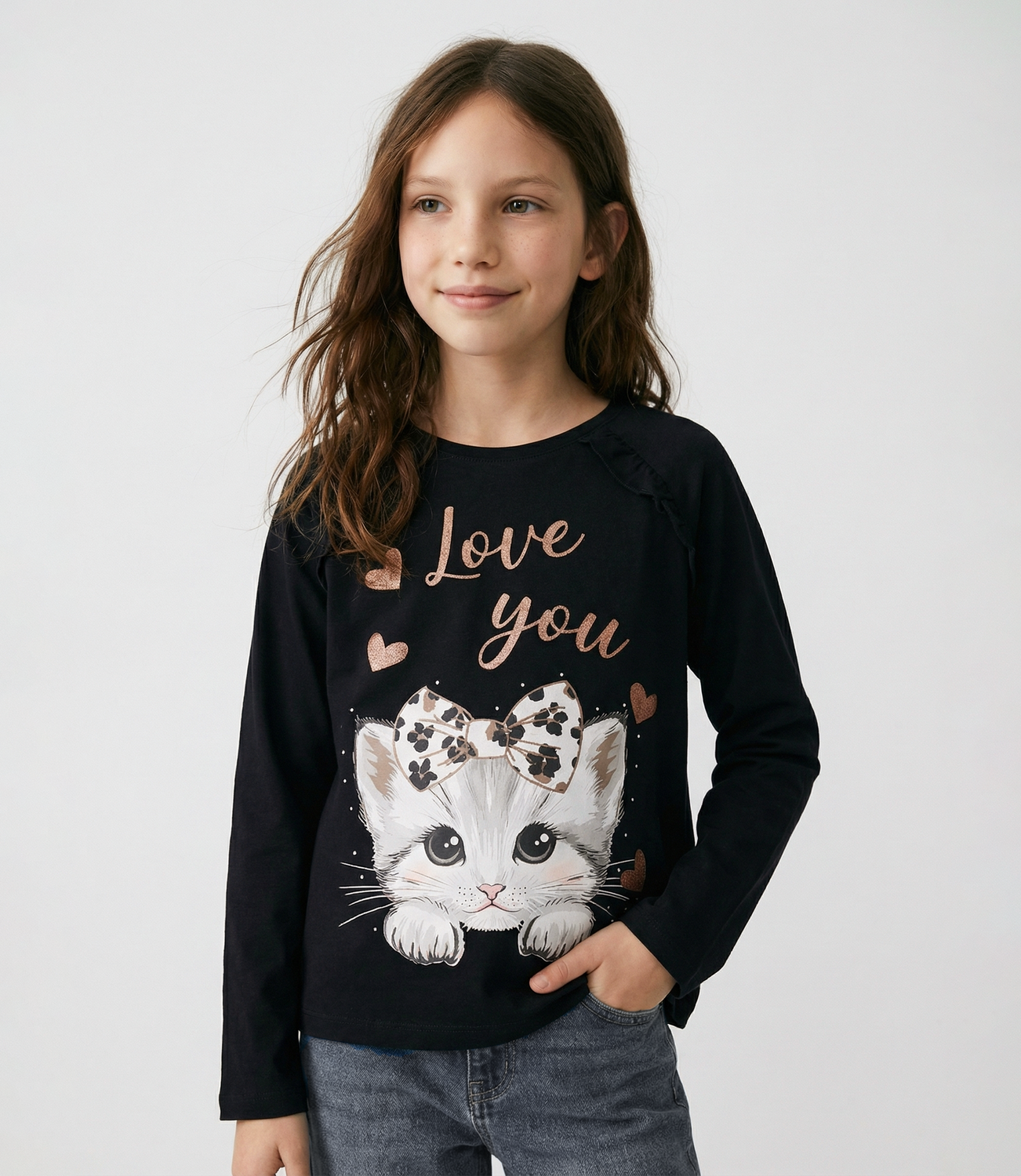 Polera manga larga niña con gato negro Limonada-0