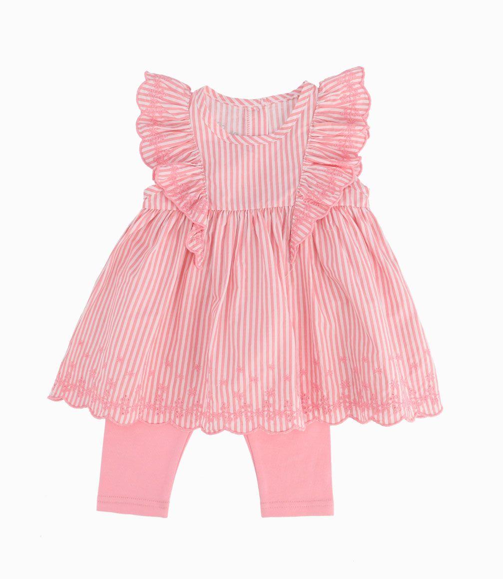 Conjunto Con Popelín Bordado Recién Nacida Rosado Limonada-0