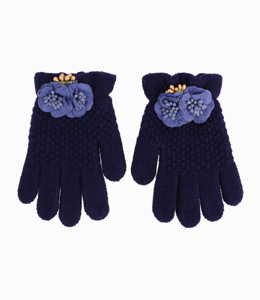 Guantes Niña Con Flores Azul Marino-1