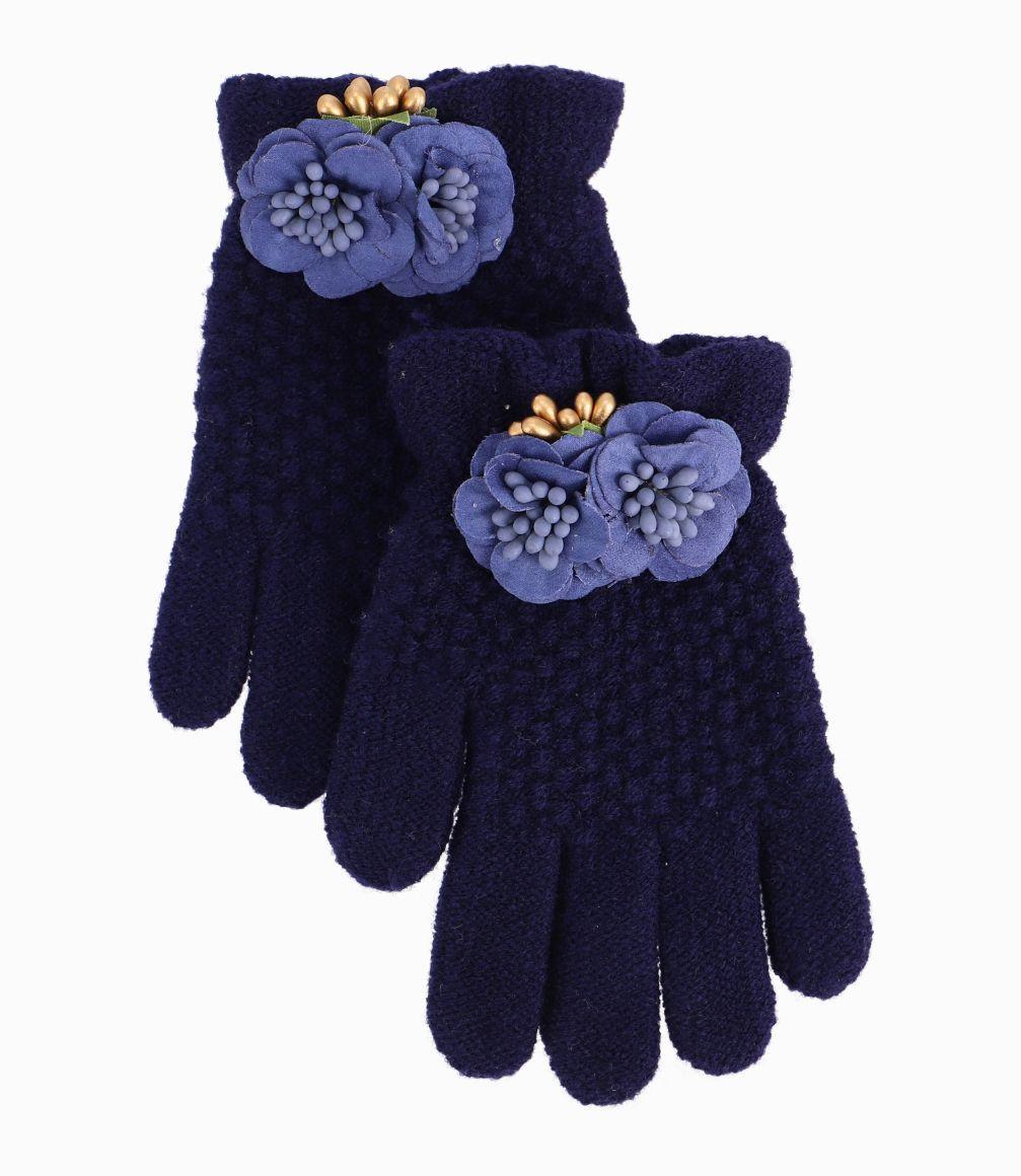 Guantes Niña Con Flores Azul Marino-0