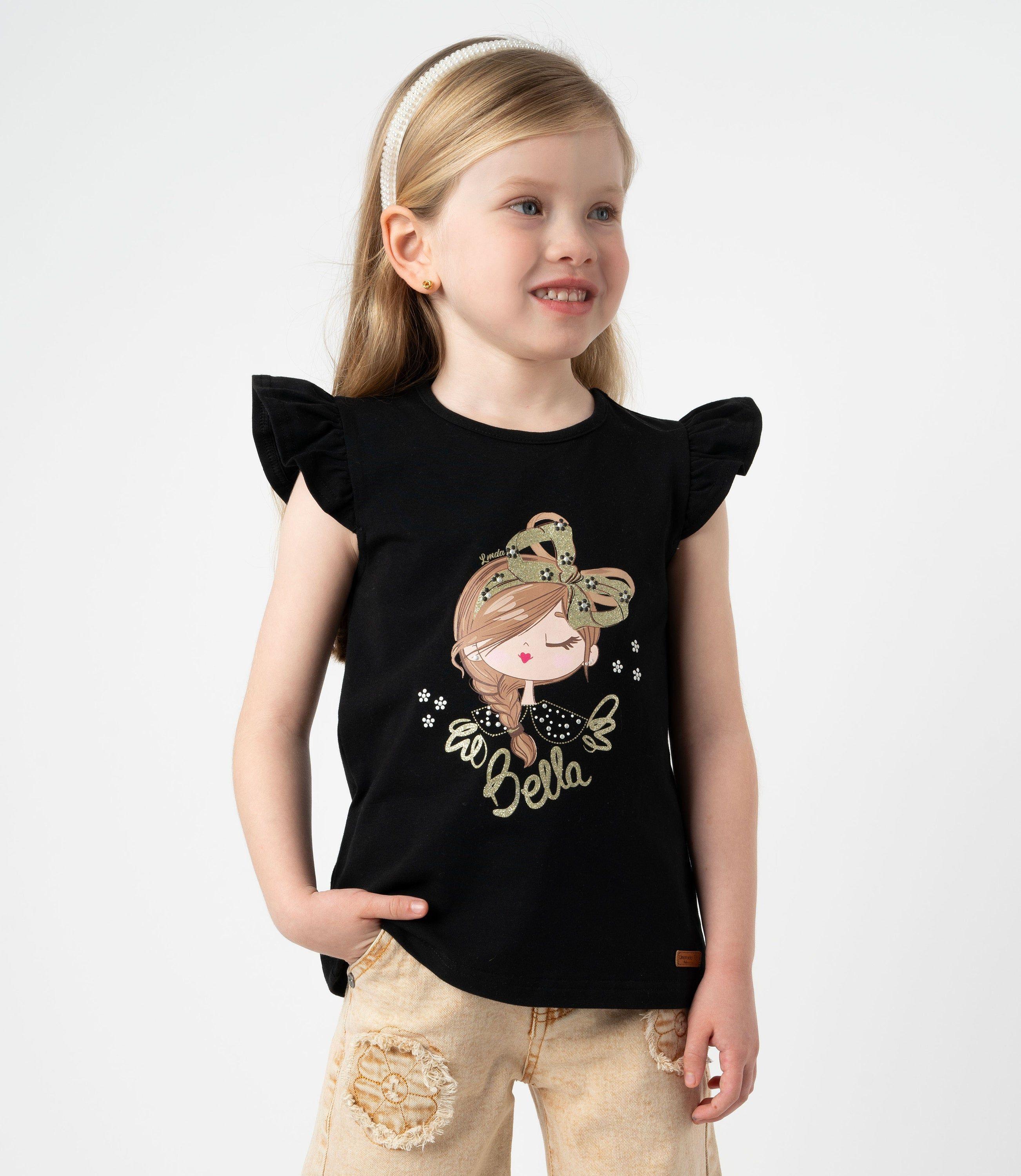 Polera manga corta niña vuelos y estampado negro Limonada-0