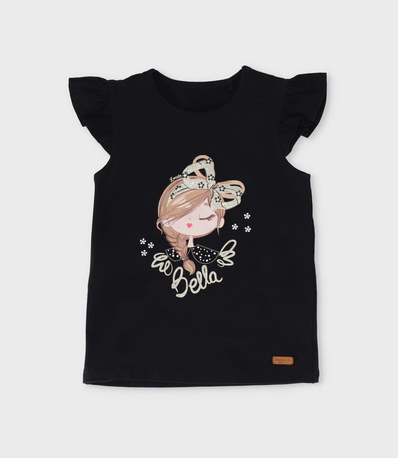 Polera manga corta niña vuelos y estampado negro Limonada-1