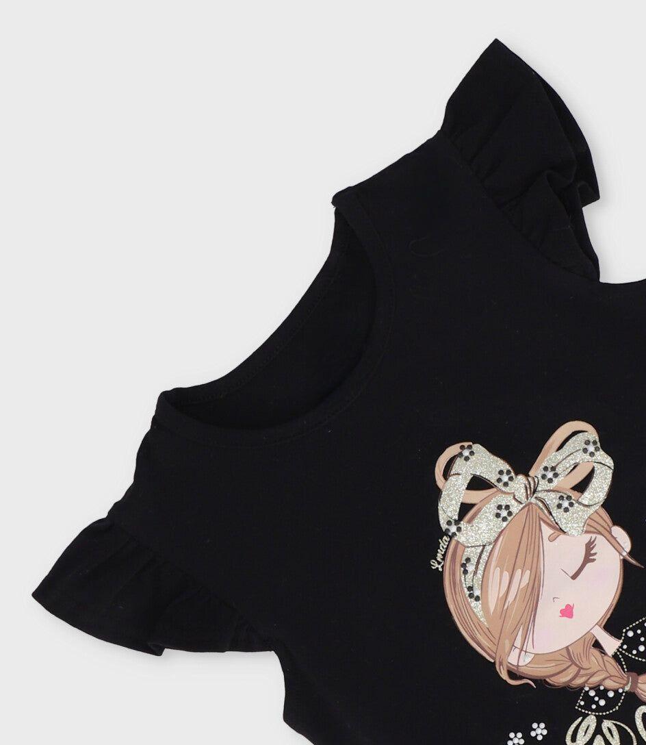Polera manga corta niña vuelos y estampado negro Limonada-3