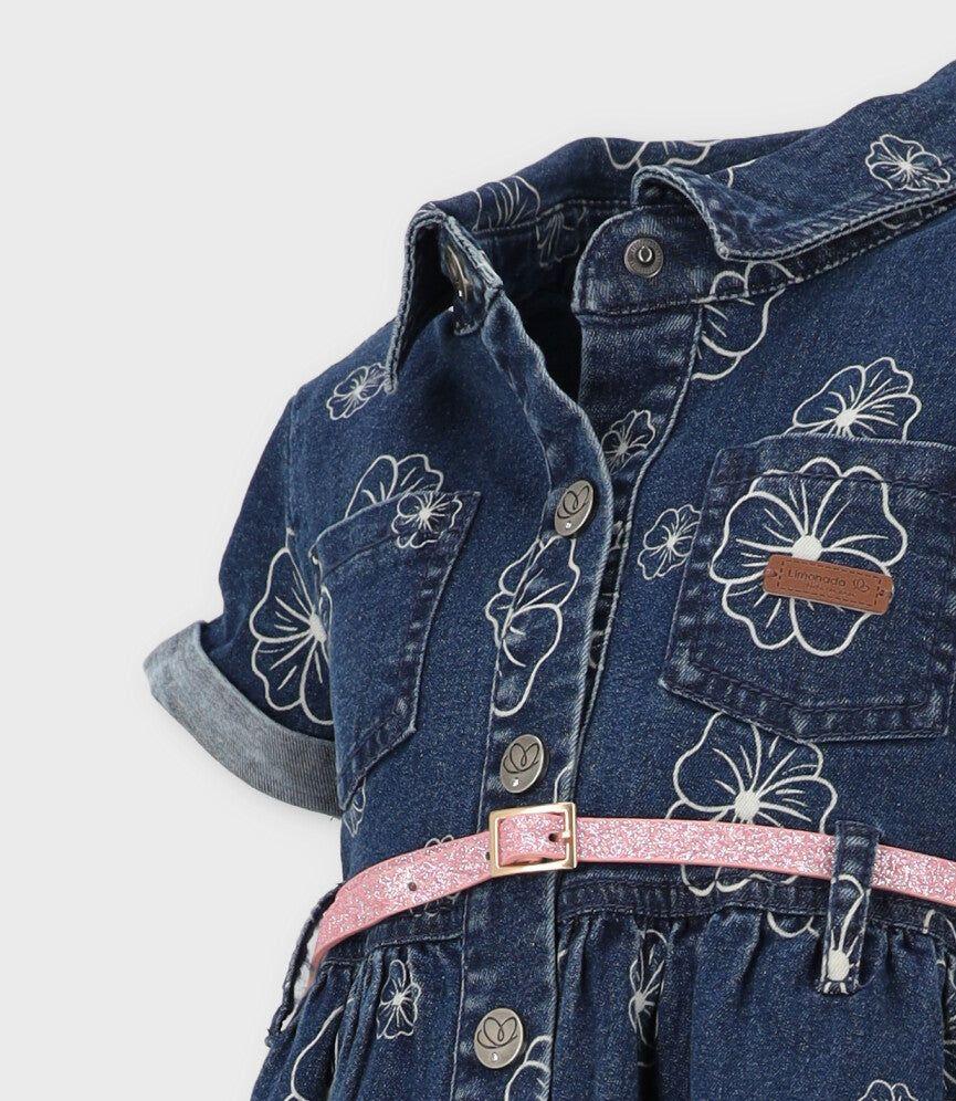 Vestido niña de denim con flores azul Limonada-2