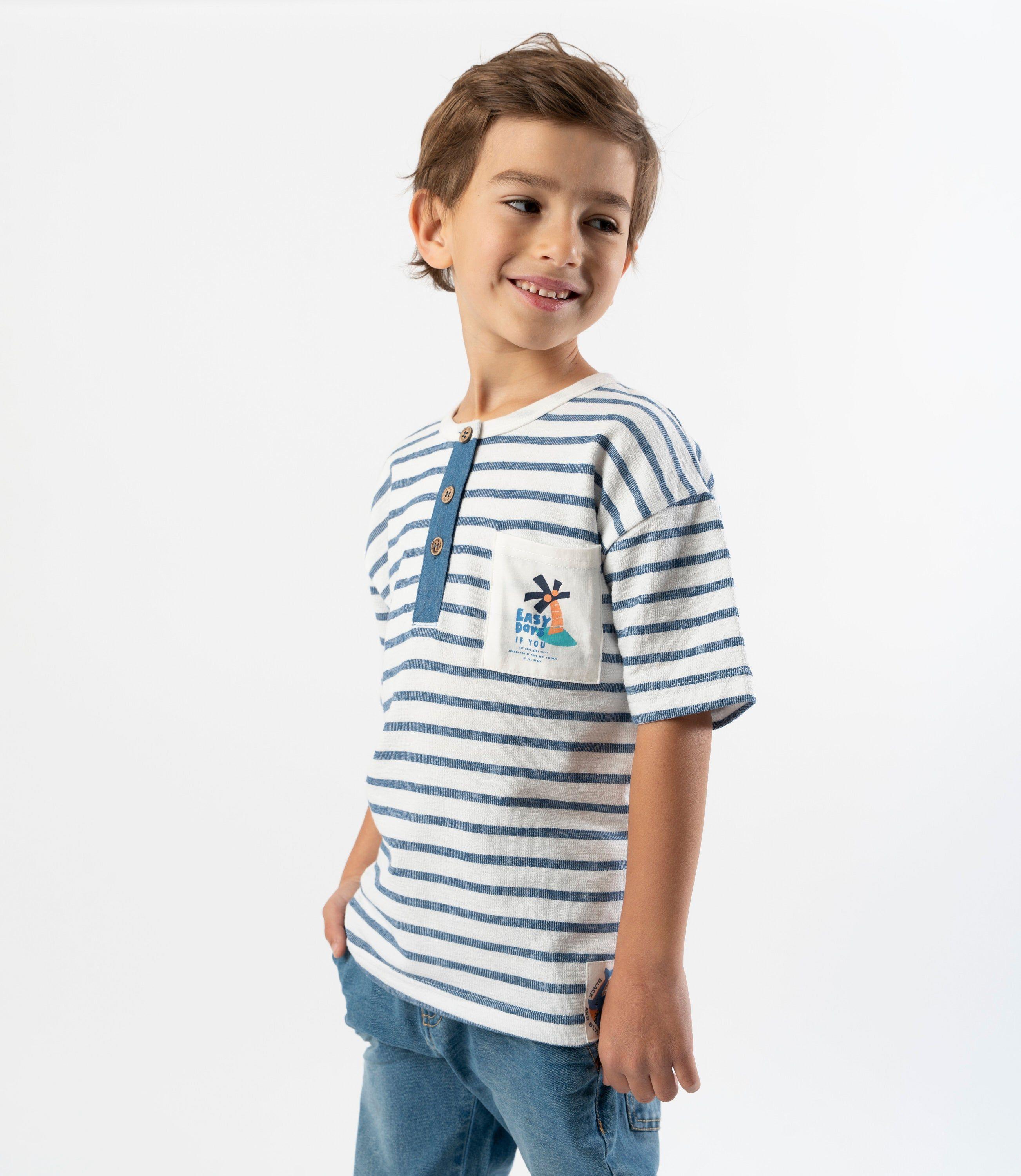 Polera manga corta niño con rayas crudo Black and Blue-0