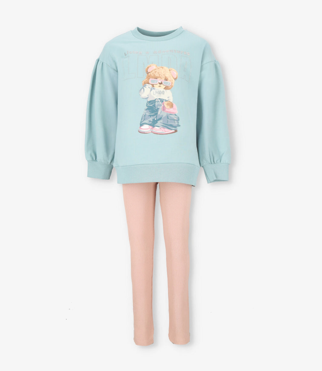 Conjunto niña con oso turquesa Limonada-2
