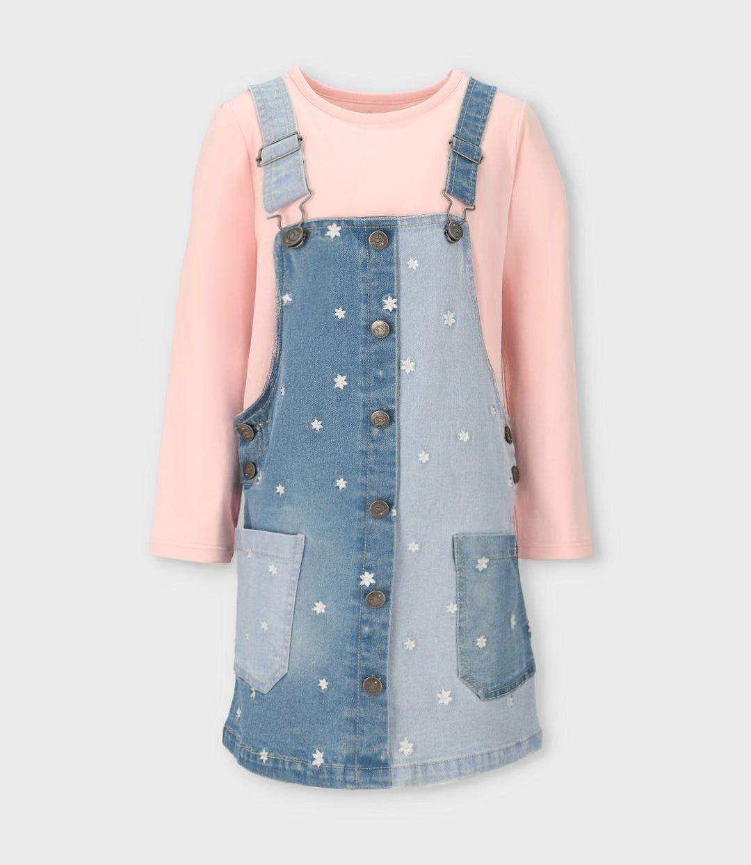 Vestido niña de denim con flores celeste Limonada-1