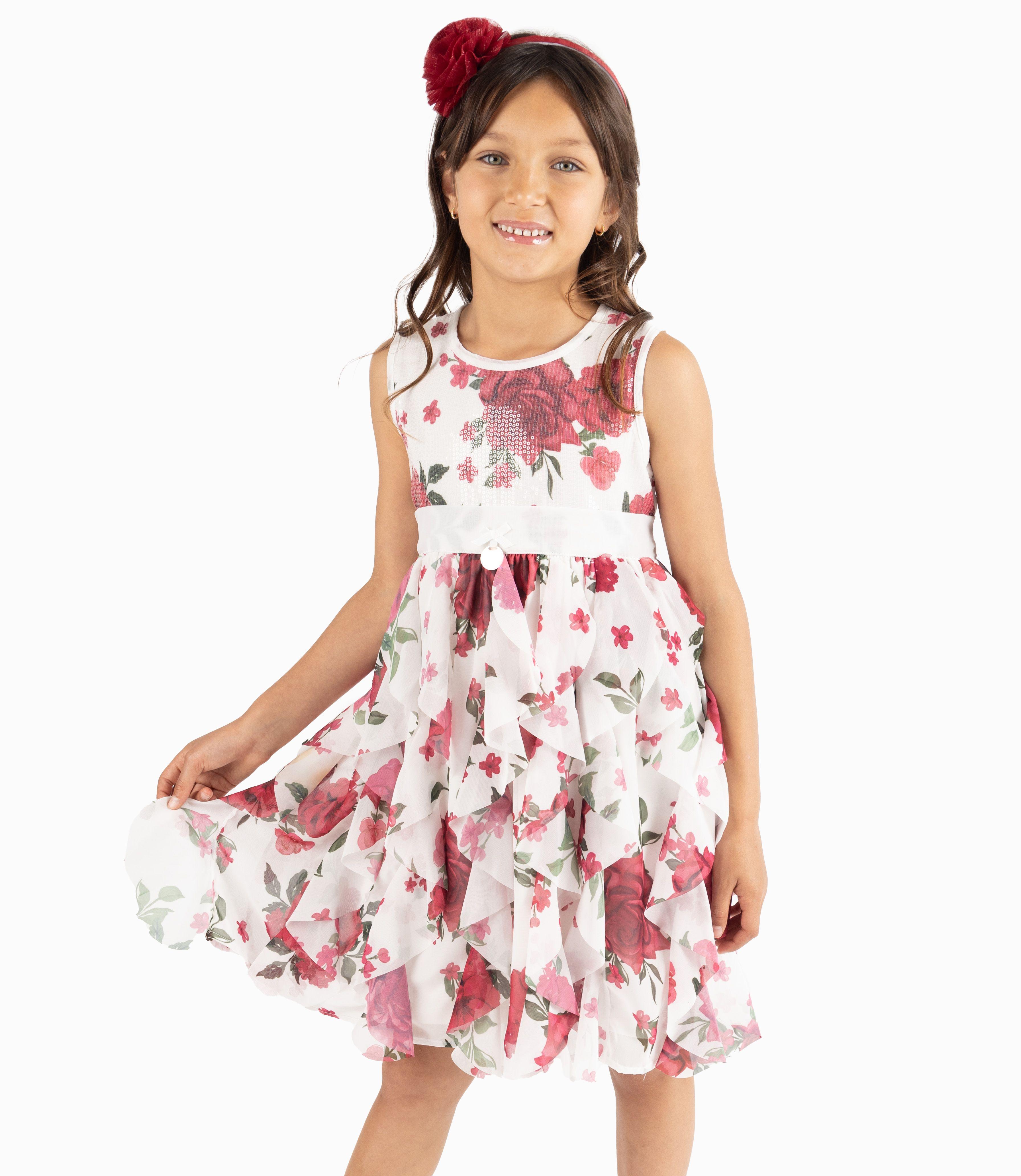 Vestido Niña Ocasión Con Vuelos Y Flores Rojo-0