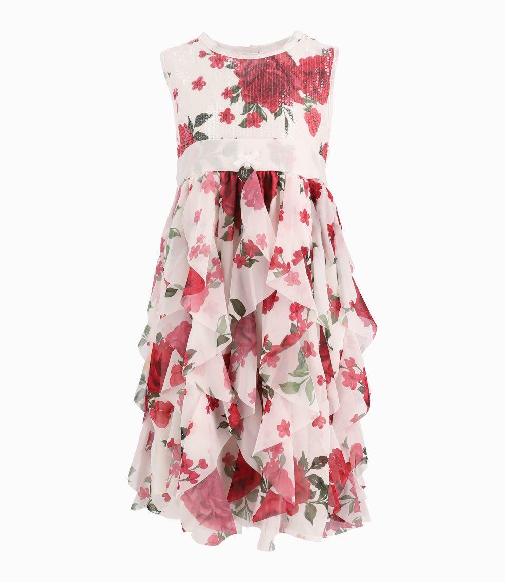 Vestido Niña Ocasión Con Vuelos Y Flores Rojo-5