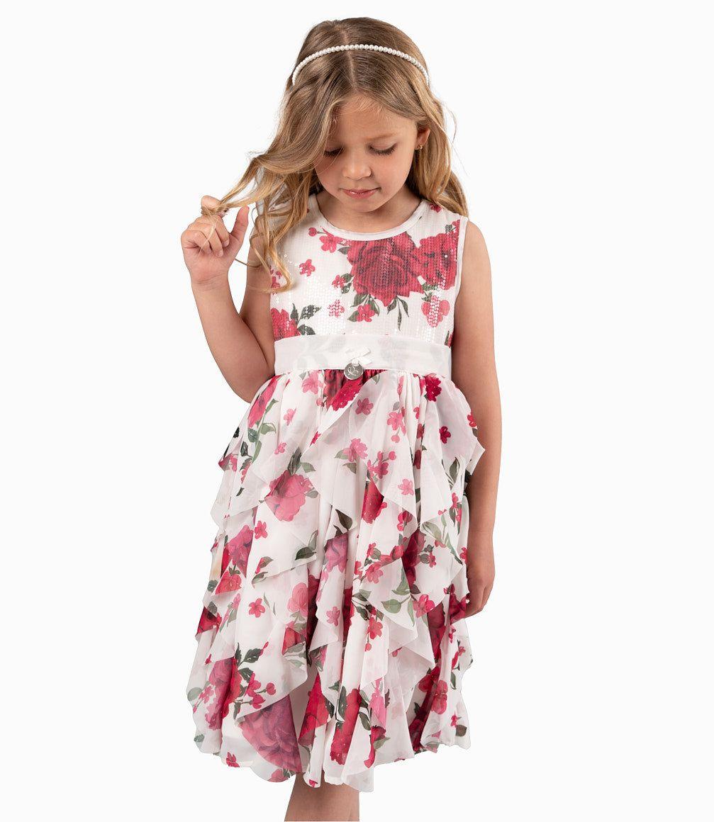 Vestido Niña Ocasión Con Vuelos Y Flores Rojo-9