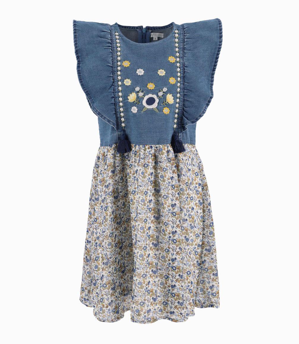 Vestido Con Faldón De Flores Niña Denim Celeste Limonada-1