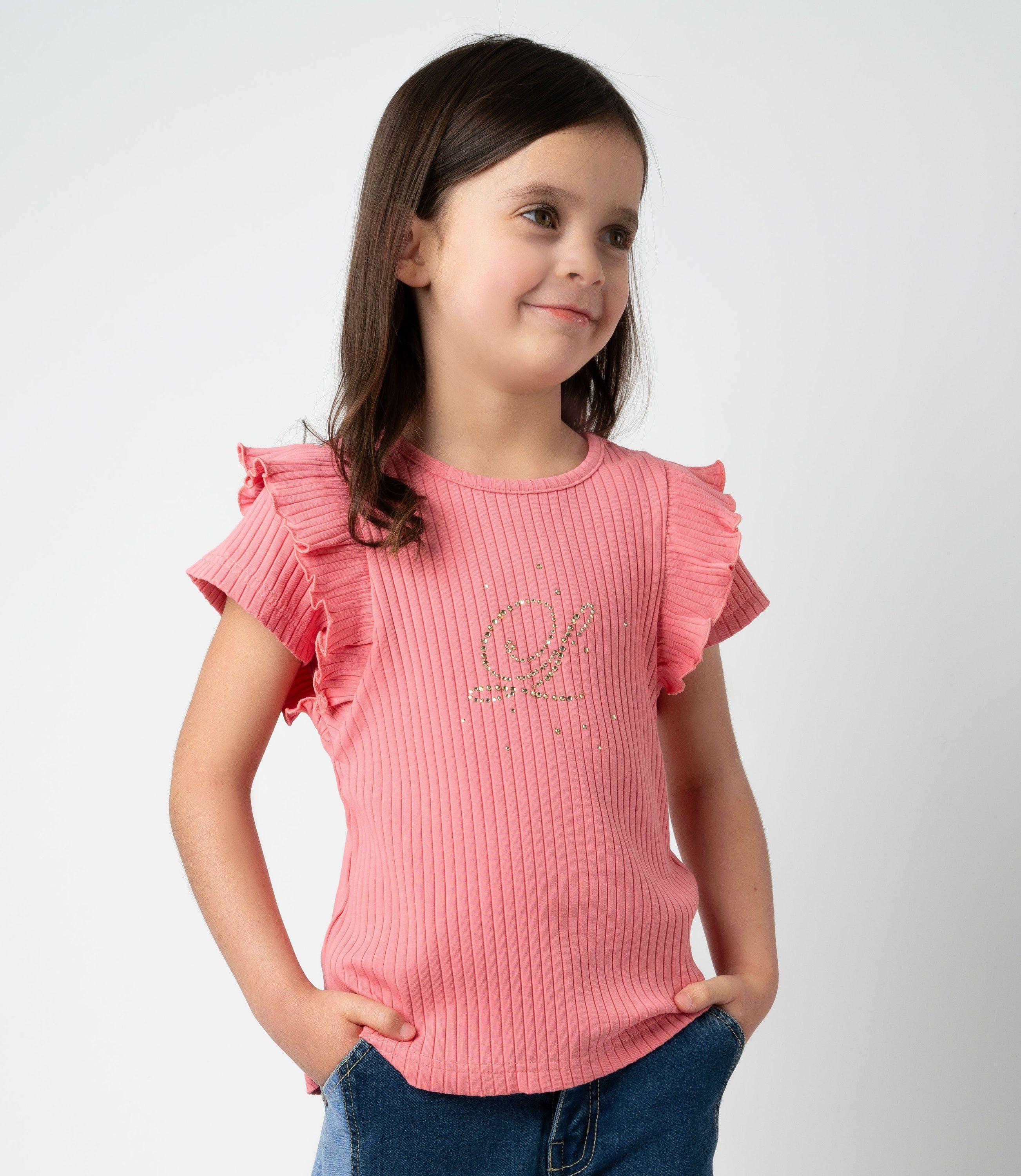 Polera manga corta niña acanalada coral Limonada-0