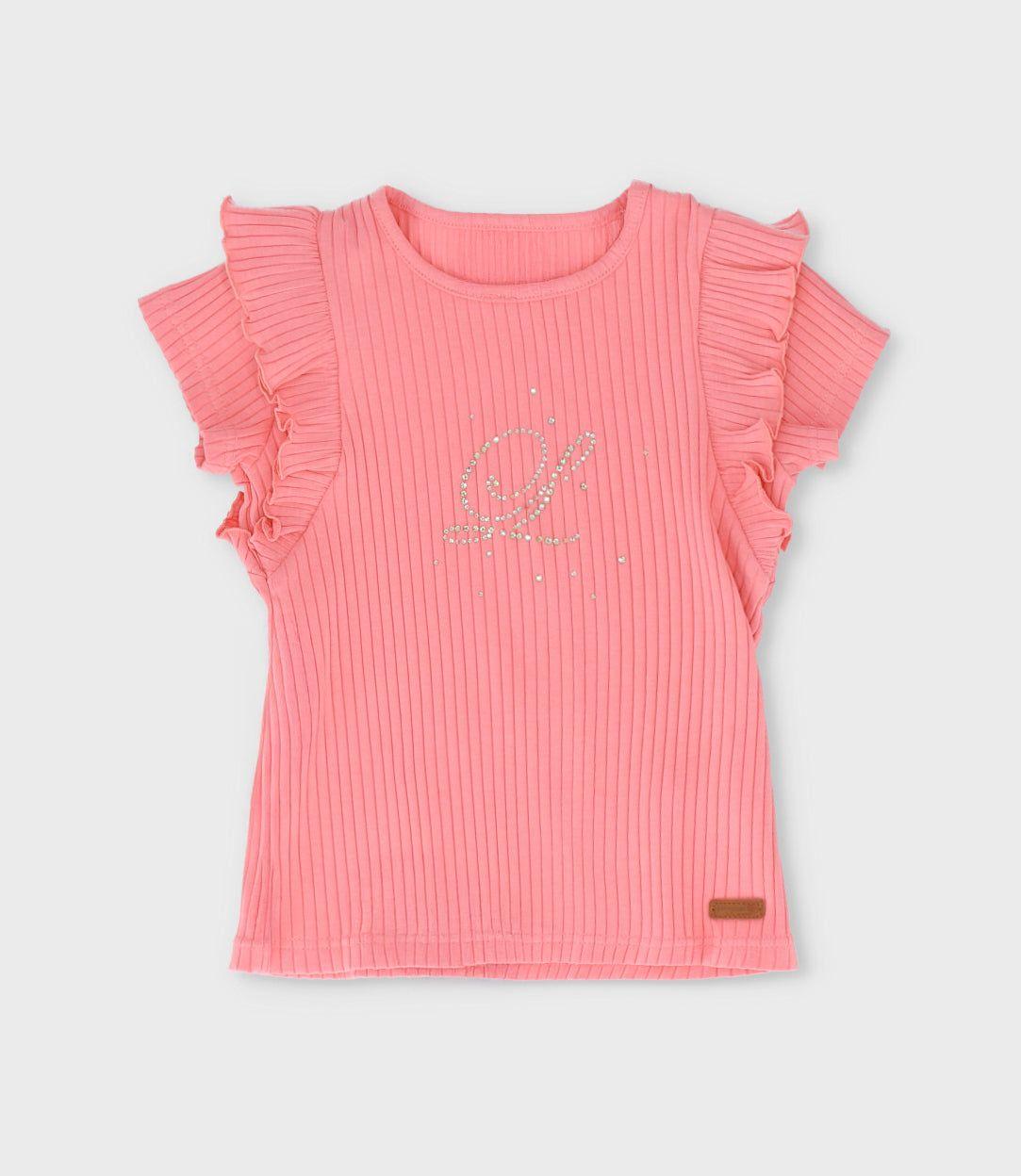 Polera manga corta niña acanalada coral Limonada-1