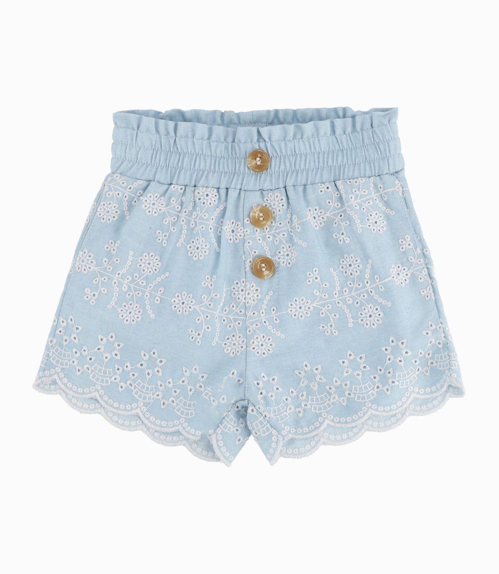 Short Bebé Niña Flores Bordadas Celeste-2