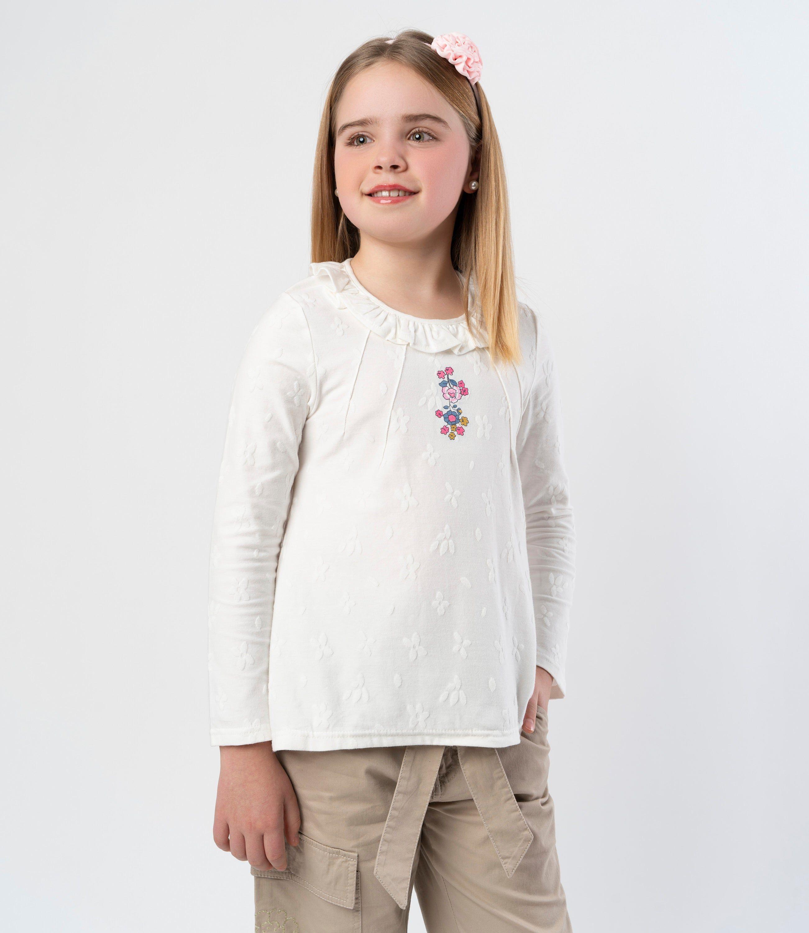 Polera manga larga niña flores bordadas crudo Limonada-0