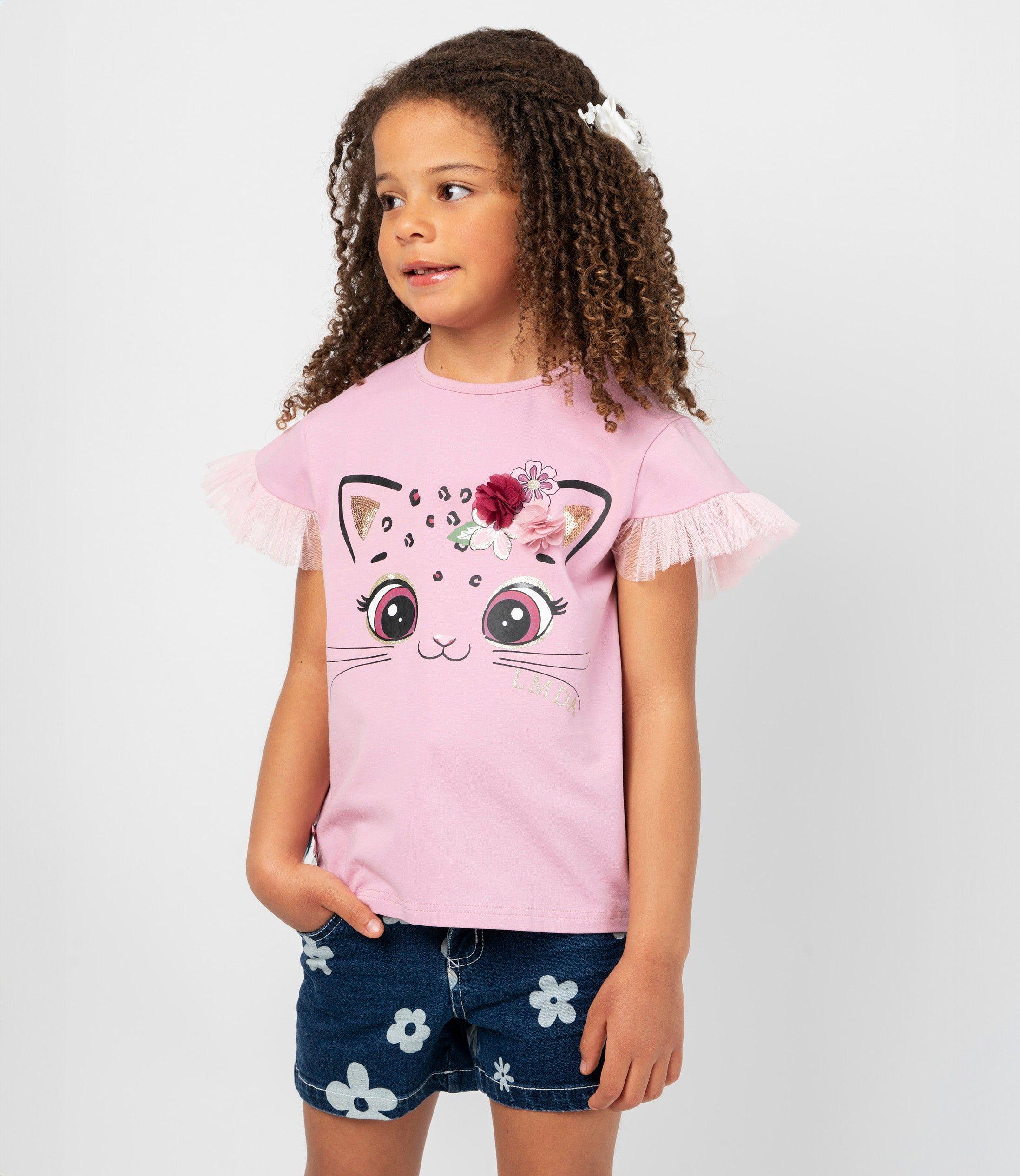 Polera manga corta niña con vuelos de tul palo rosa Limonada-0
