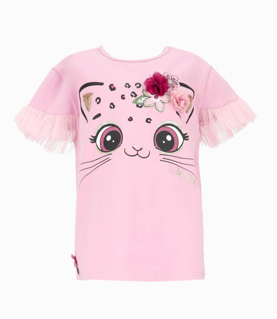 Polera manga corta niña con vuelos de tul palo rosa Limonada-1