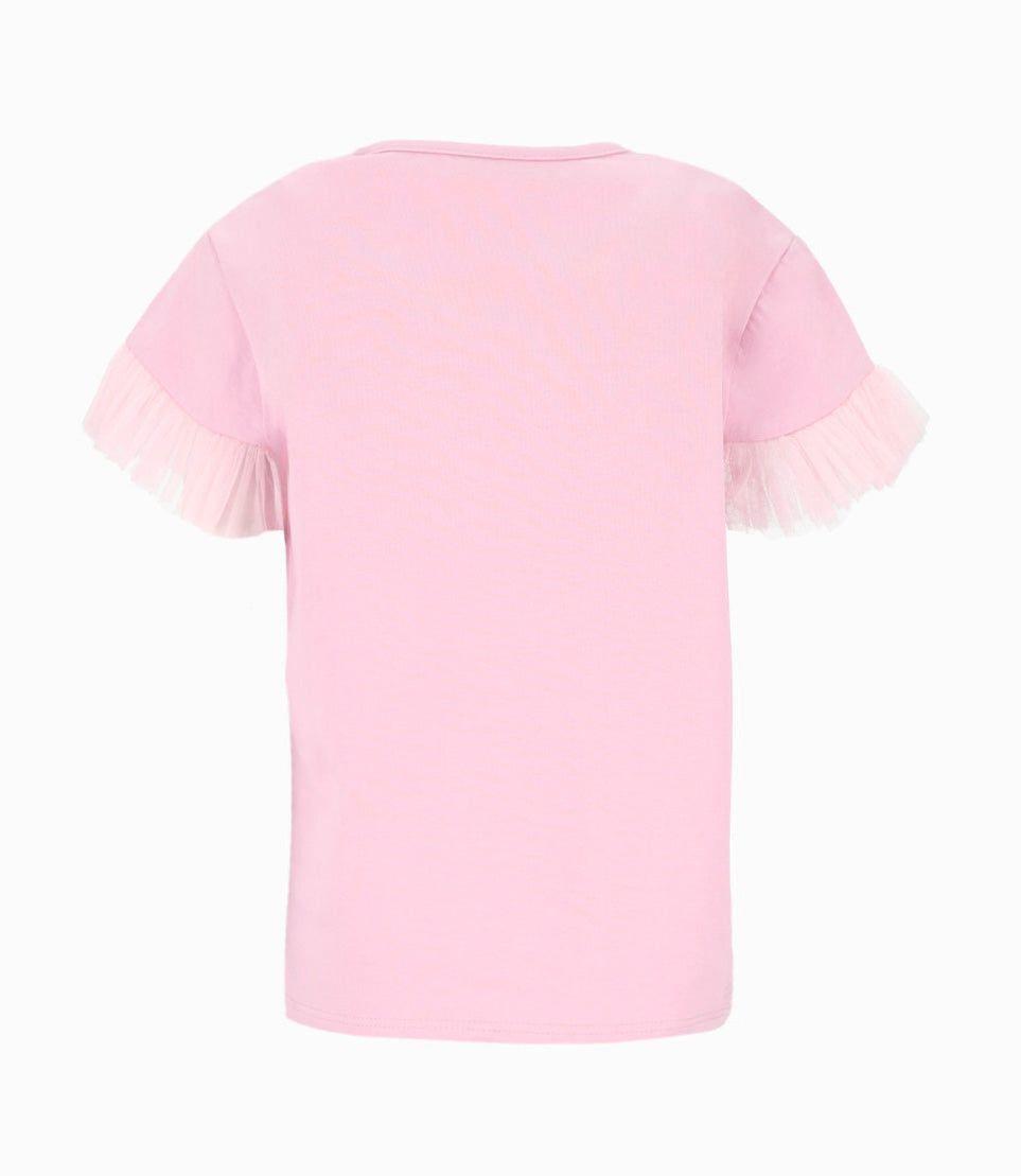 Polera manga corta niña con vuelos de tul palo rosa Limonada-2