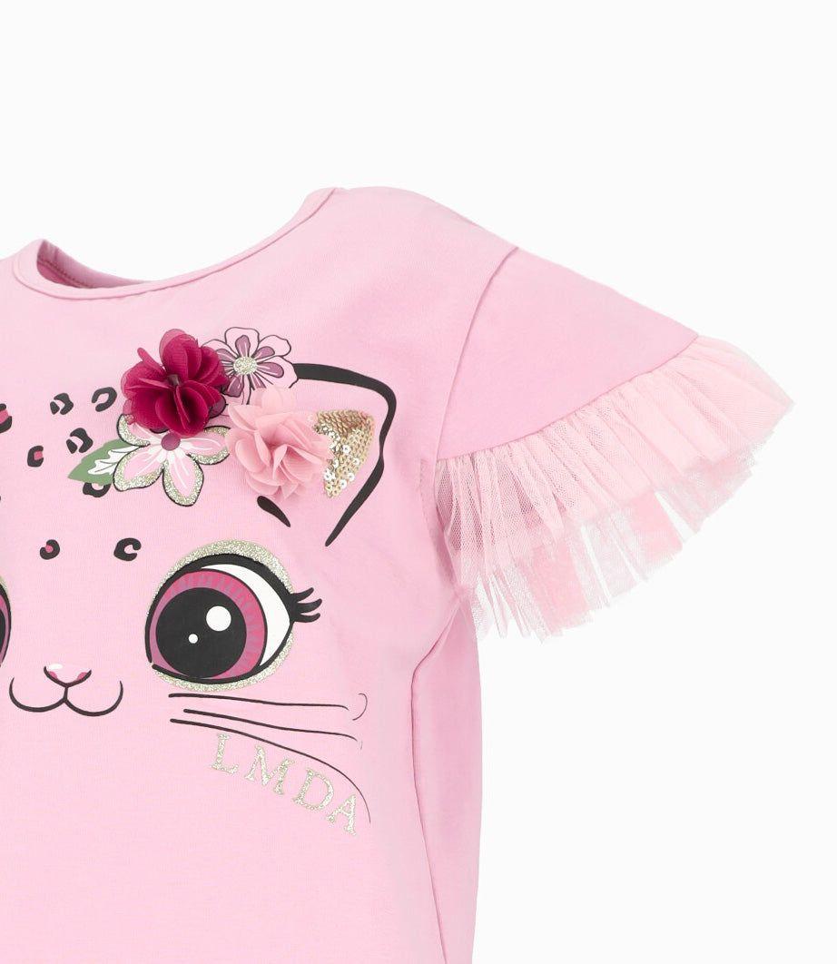 Polera manga corta niña con vuelos de tul palo rosa Limonada-3