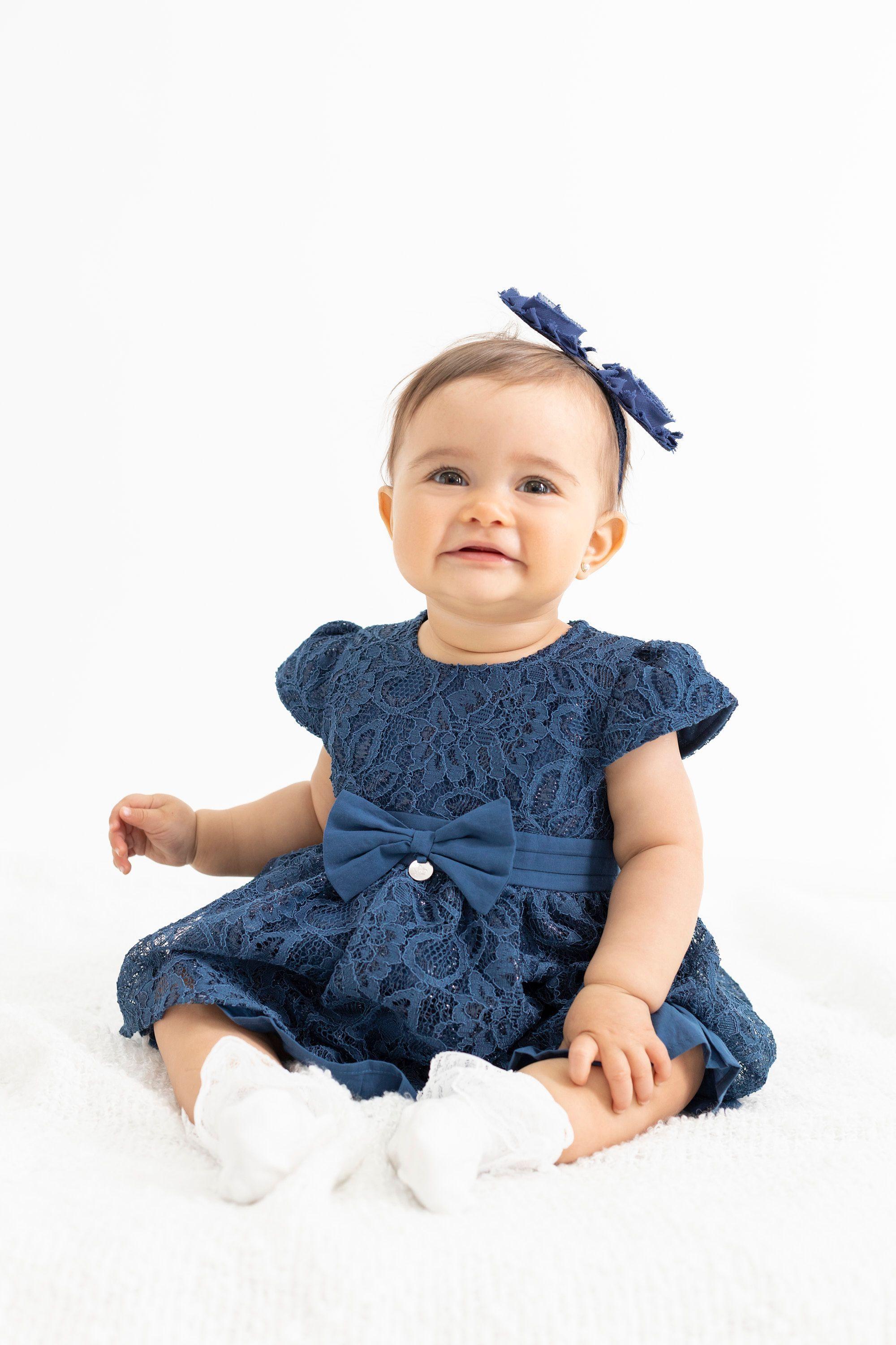Vestido Recién Nacida De Encaje con Lazo Limonada Azul Marino-0