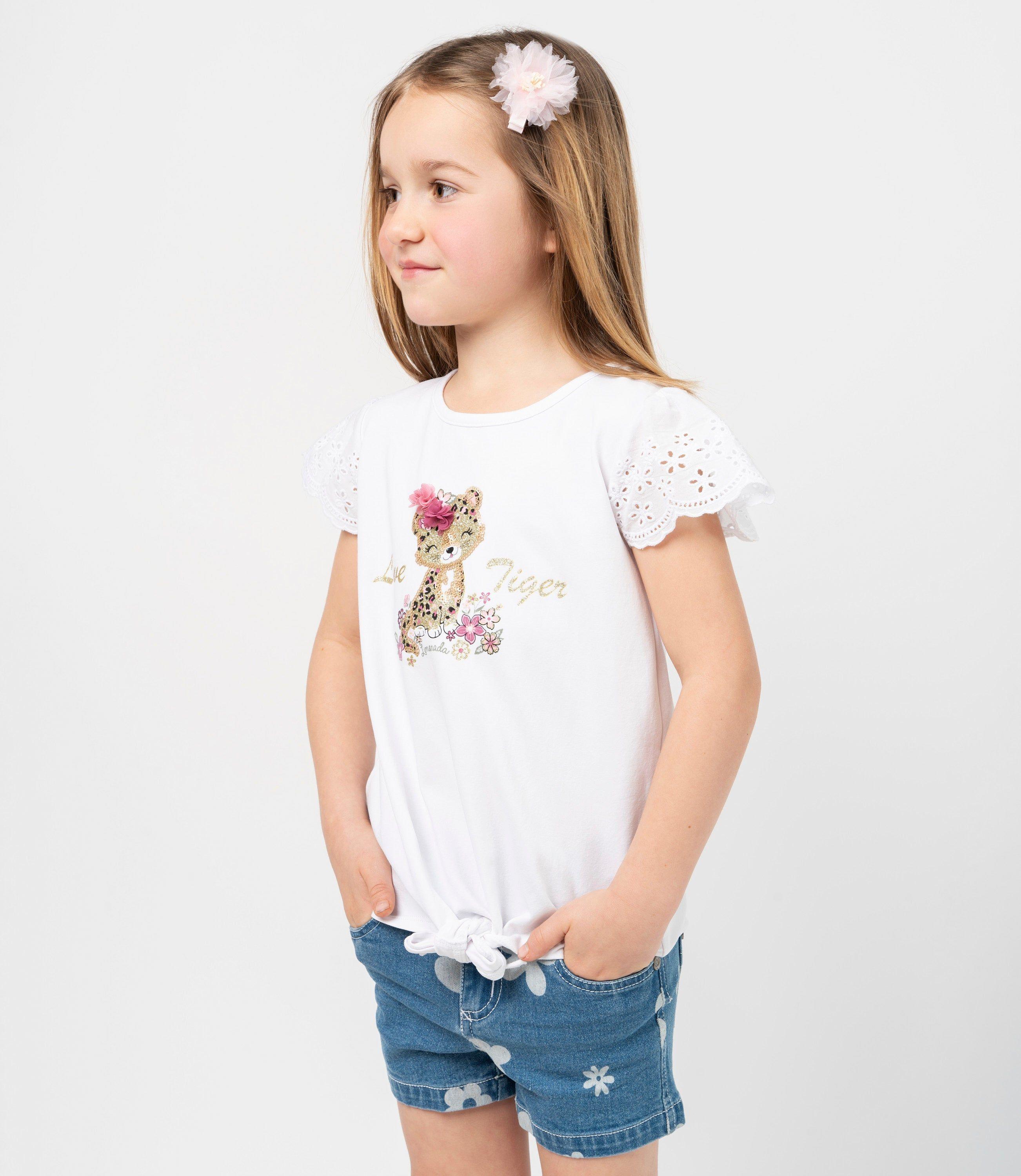 Polera manga corta niña con vuelos y nudo blanco Limonada-0