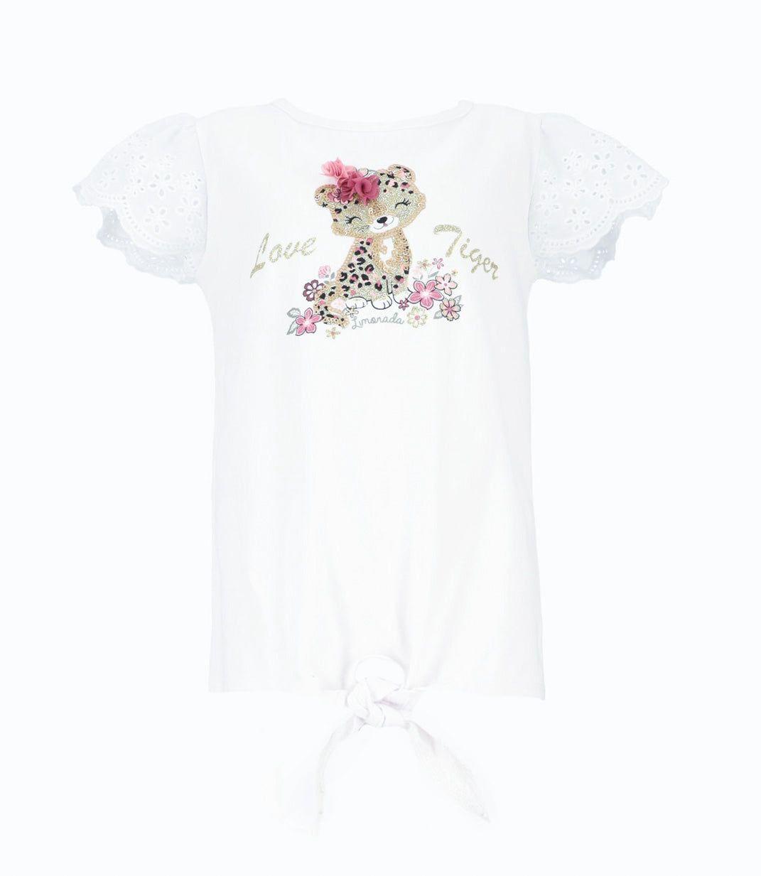 Polera manga corta niña con vuelos y nudo blanco Limonada-1