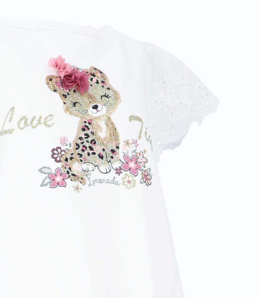 Polera manga corta niña con vuelos y nudo blanco Limonada-3