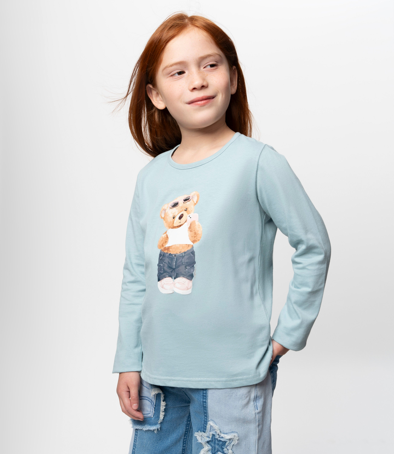 Polera manga larga niña básica turquesa Limonada-1