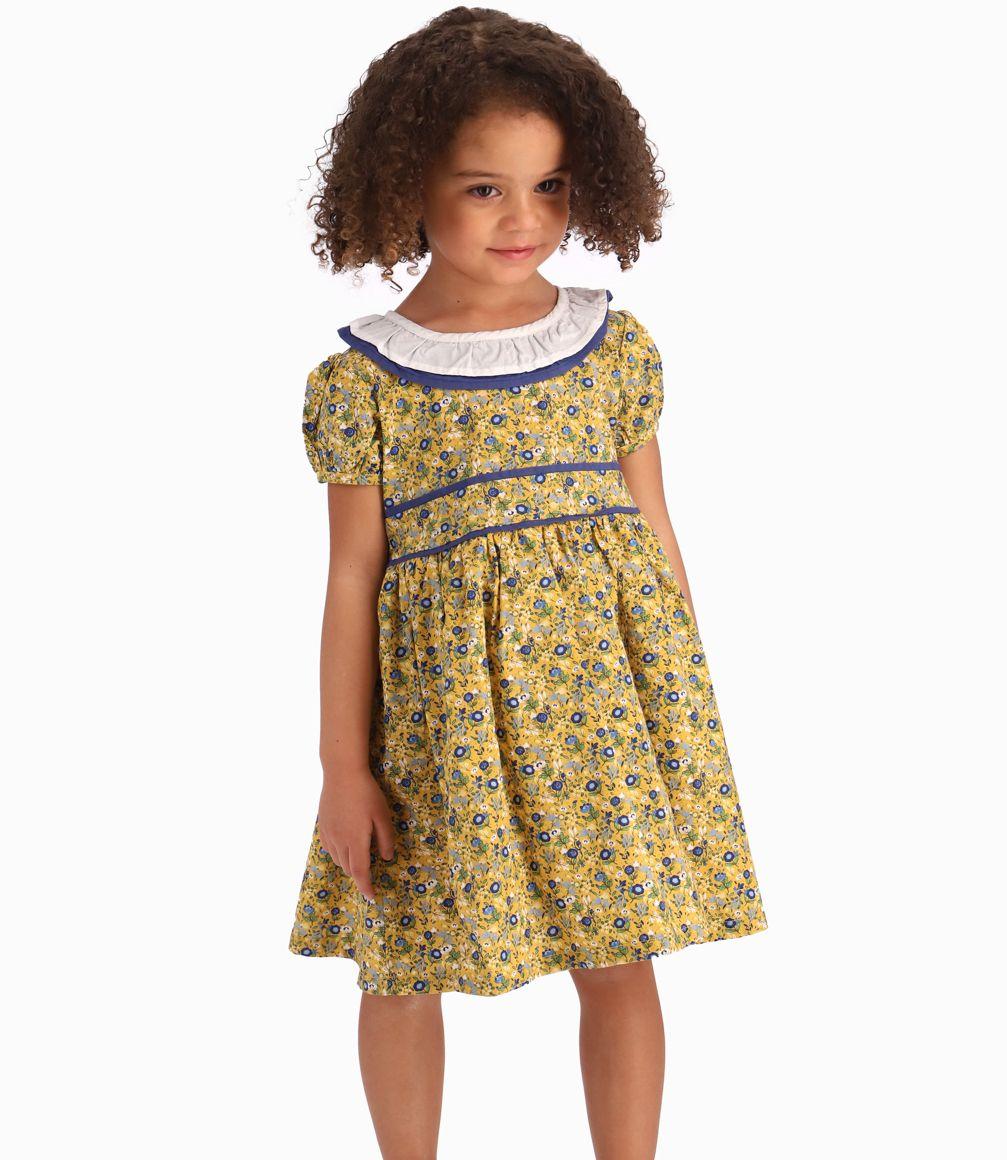Vestido Flores Niña Fiestas Patrias Algodón Mostaza Limonada-0