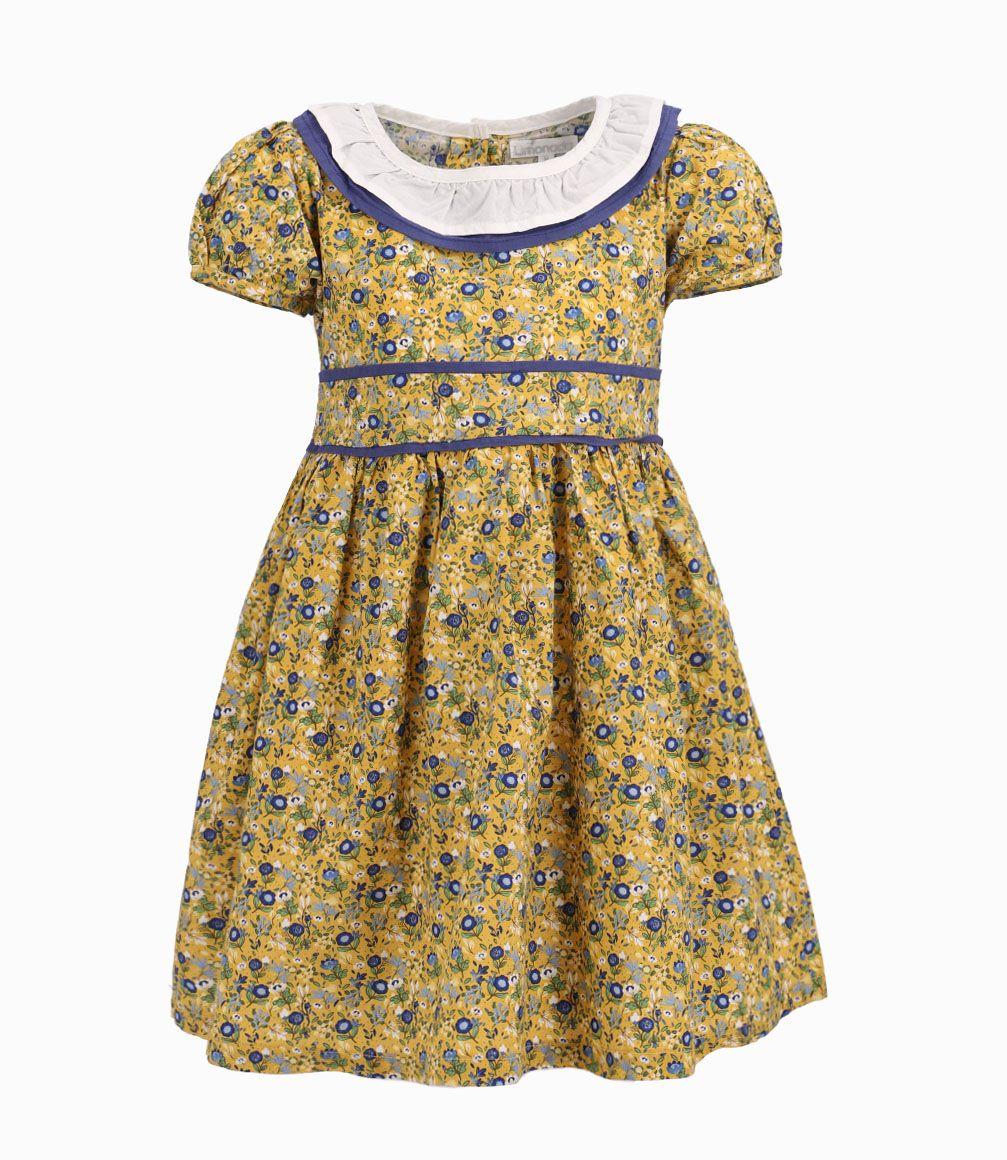 Vestido Flores Niña Fiestas Patrias Algodón Mostaza Limonada-1