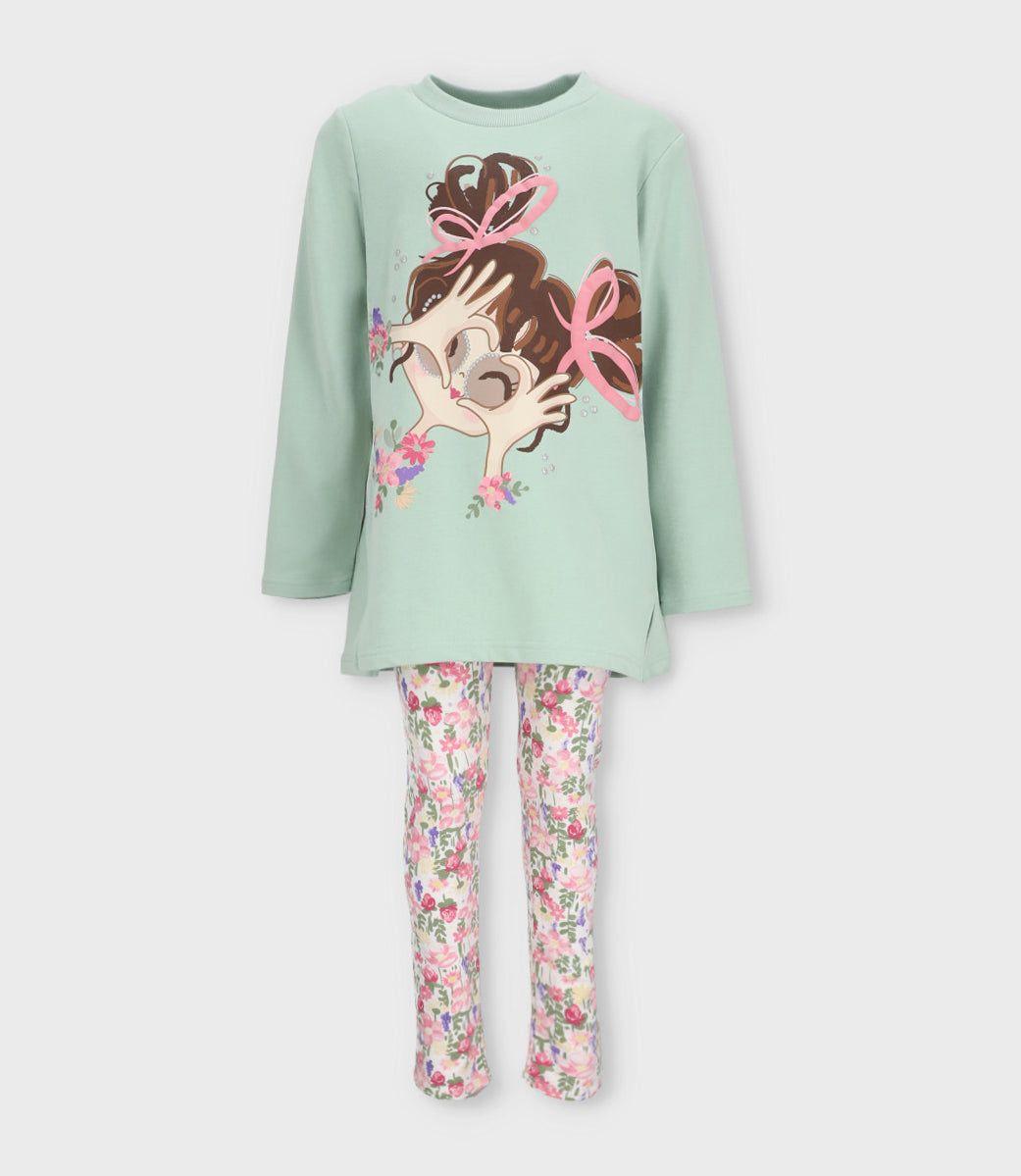 Conjunto niña con estampado y flores verde Limonada-1