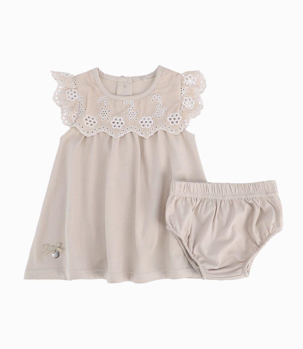 Vestido Pecho Bordado Recién Nacida Beige Limonada-0