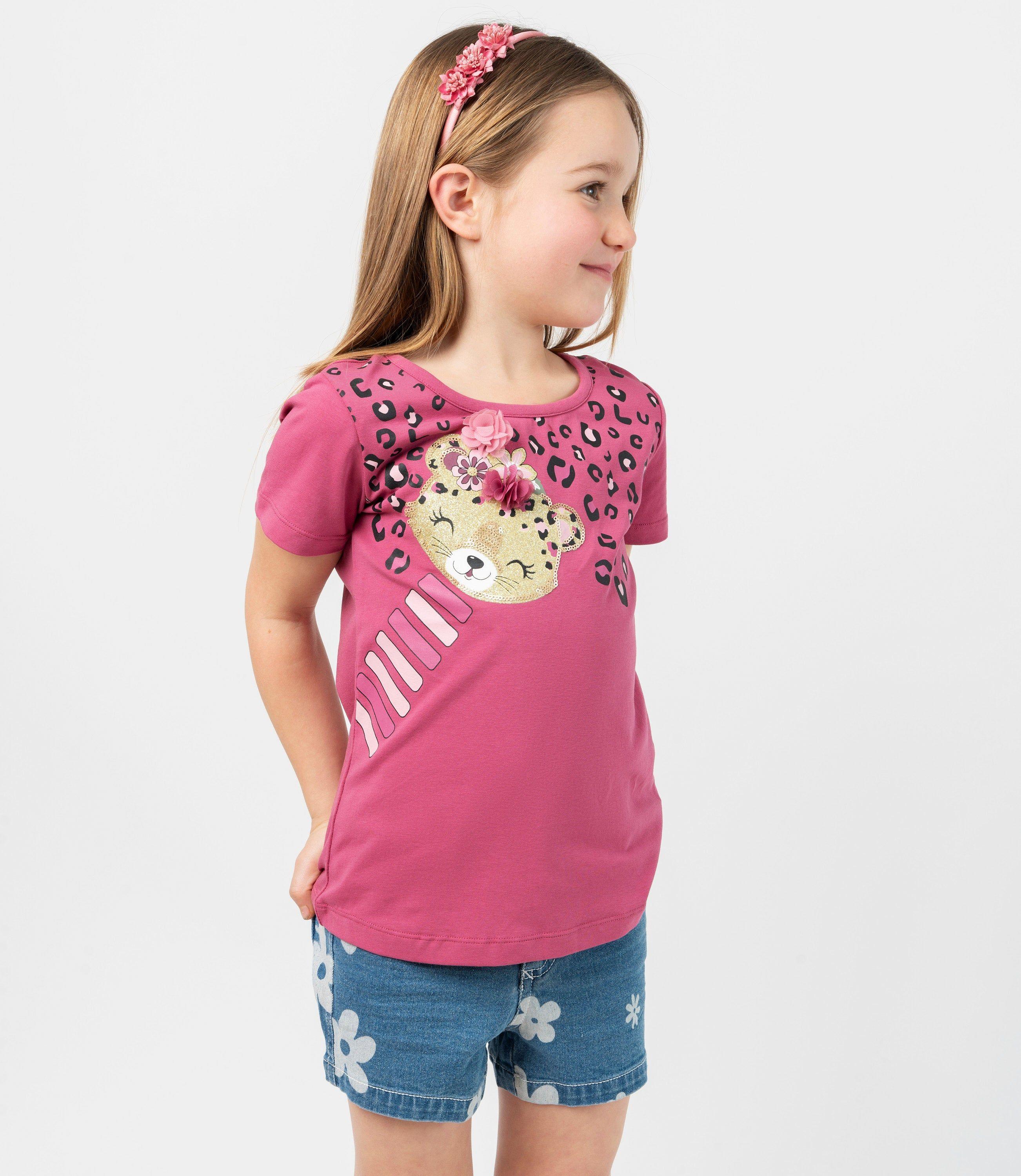 Polera manga corta niña con leopardo burdeo Limonada-0