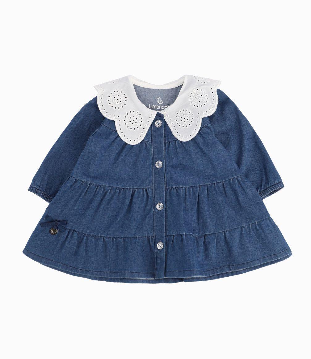 Vestido Recién Nacida Con Vuelos Denim Azul-0