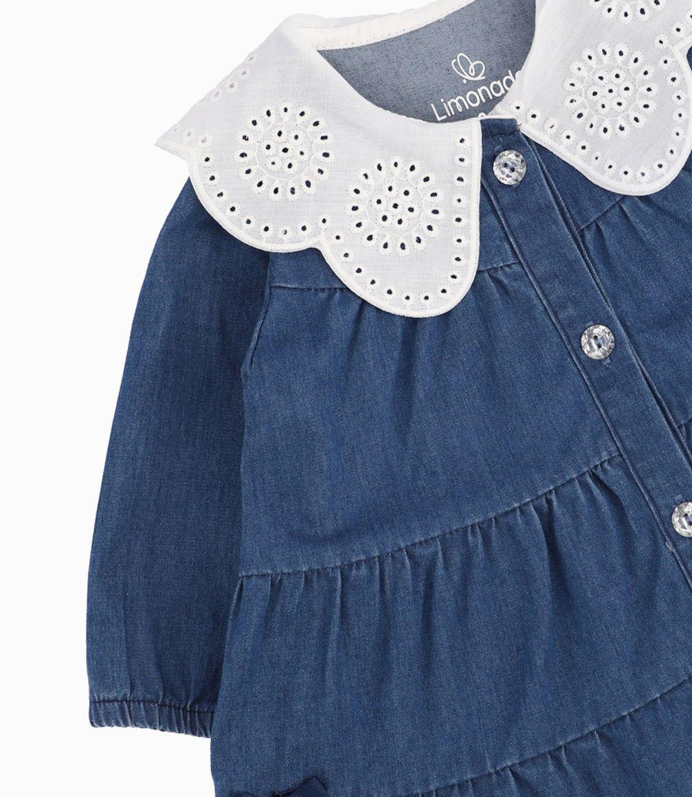 Vestido Recién Nacida Con Vuelos Denim Azul-7