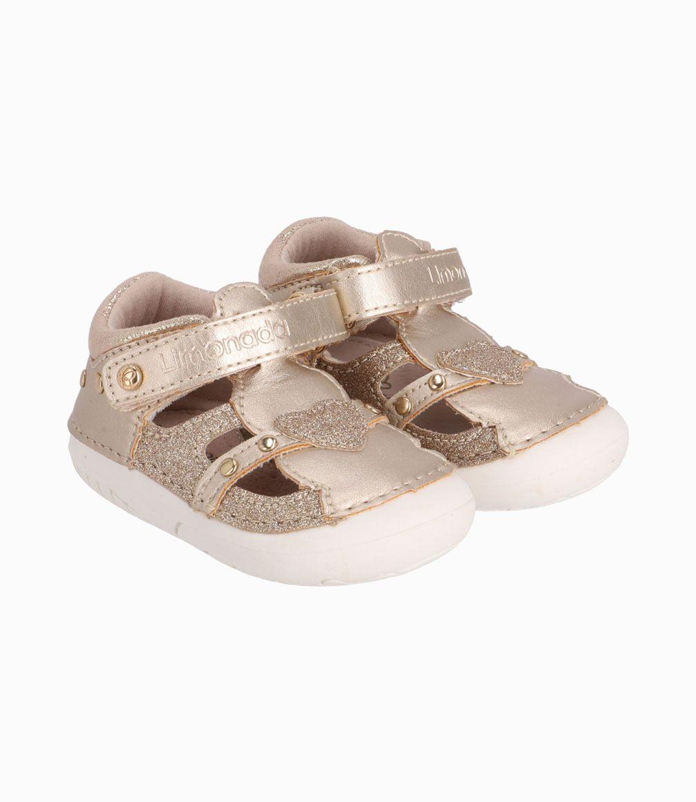 Sandalia Con Corazones Recién Nacida Dorado Limonada-0