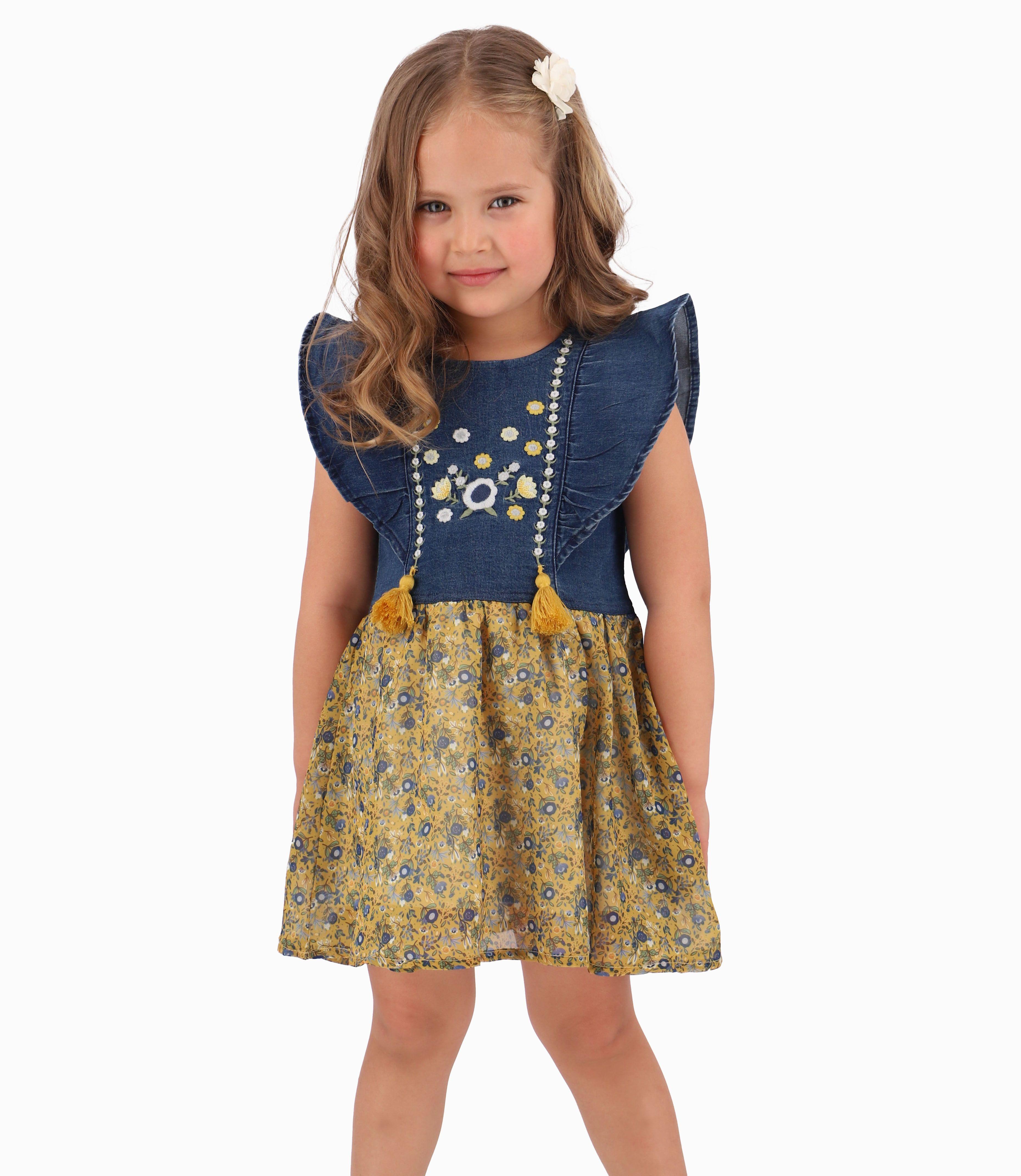 Vestido Con Faldón De Flores Bebé Niña Denim Azul Limonada-0